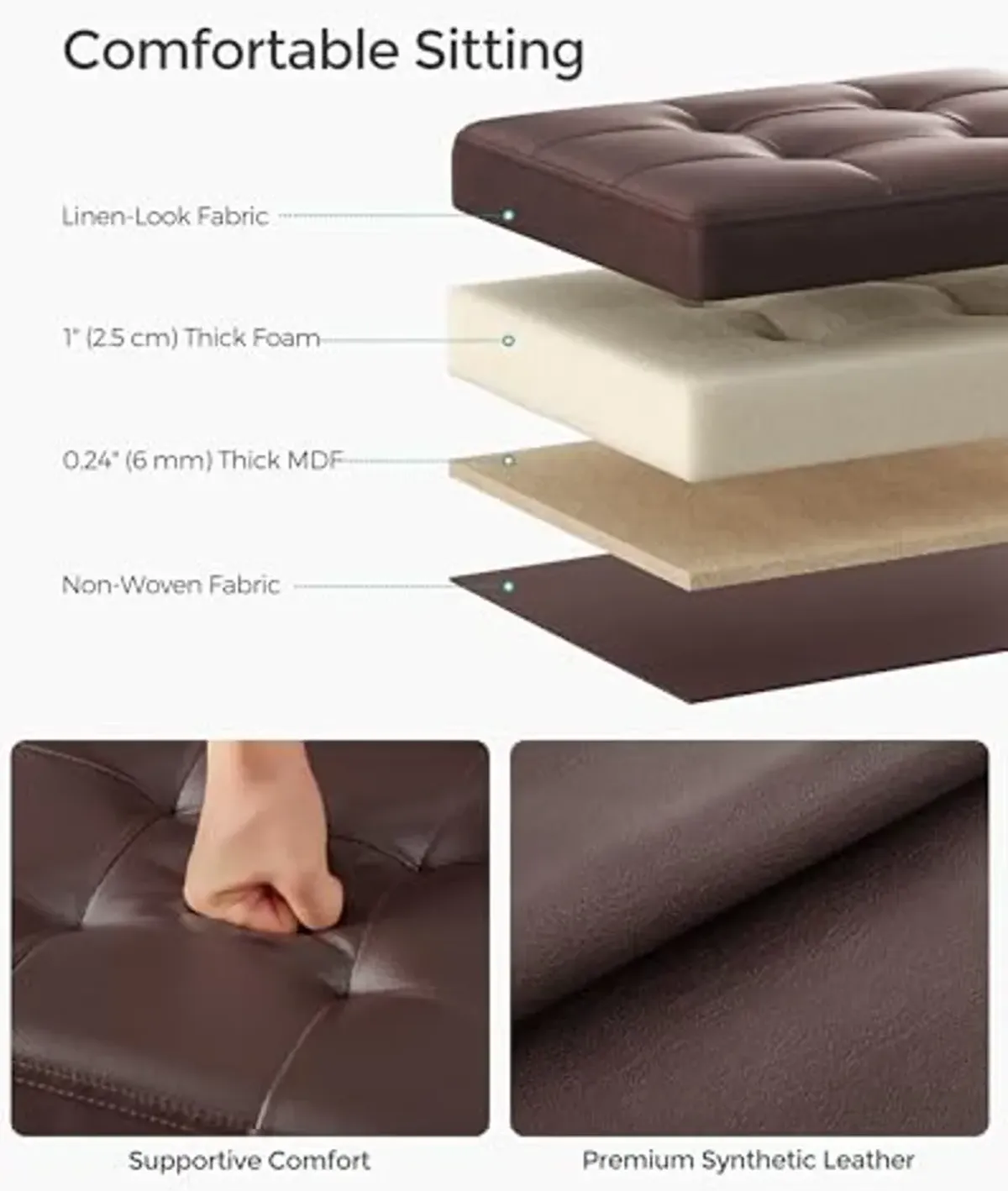 SONGMICS Small Folding Storage Ottoman, Foot Rest Stool, Cube Footrest, Synthetic Leather, 12.2 x 16.1 x 12.2 Inches, 286 lb Capacity, for Living Room, Bedroom, Dorm, Chestnut Brown ULSF100K02