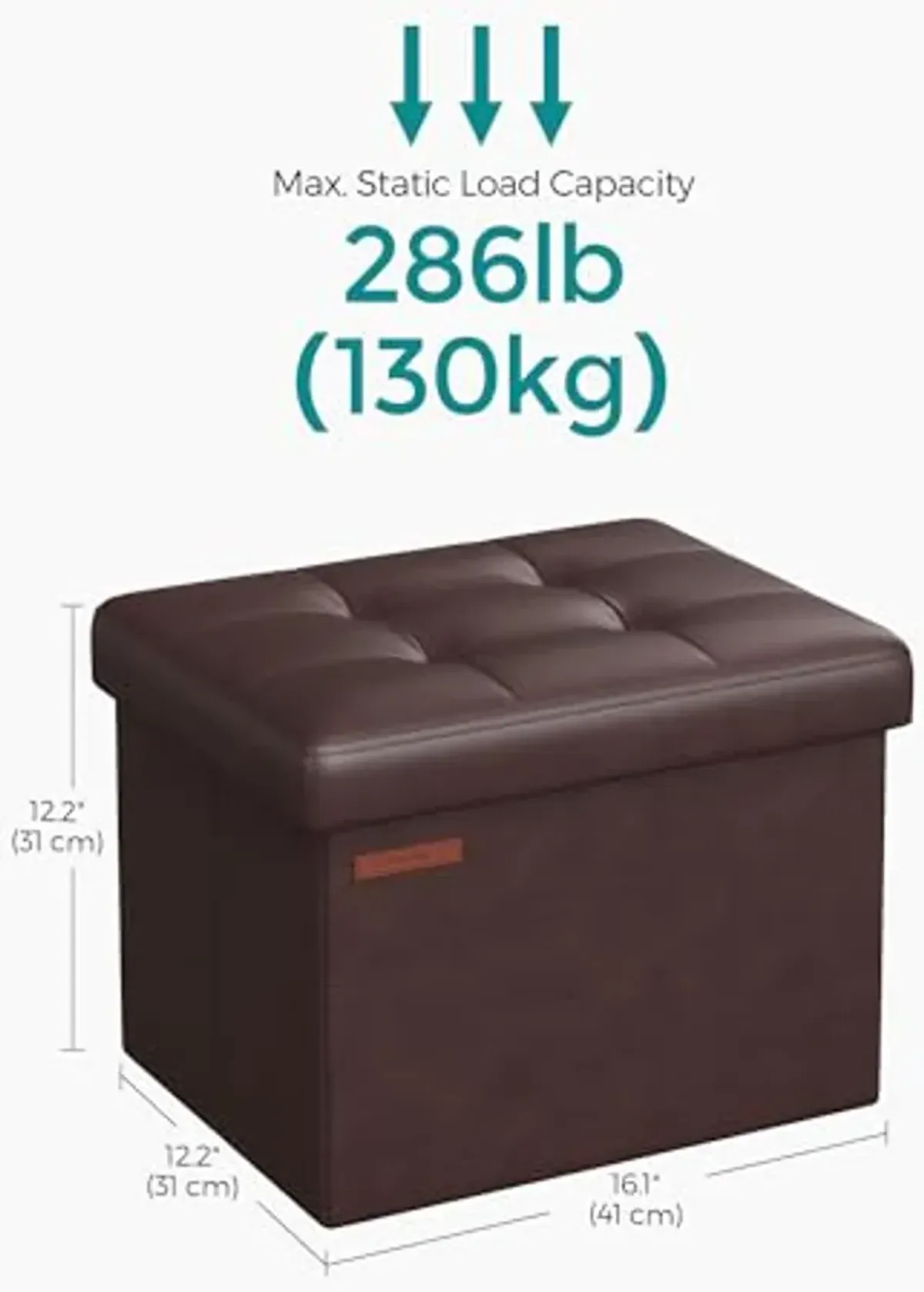 SONGMICS Small Folding Storage Ottoman, Foot Rest Stool, Cube Footrest, Synthetic Leather, 12.2 x 16.1 x 12.2 Inches, 286 lb Capacity, for Living Room, Bedroom, Dorm, Chestnut Brown ULSF100K02