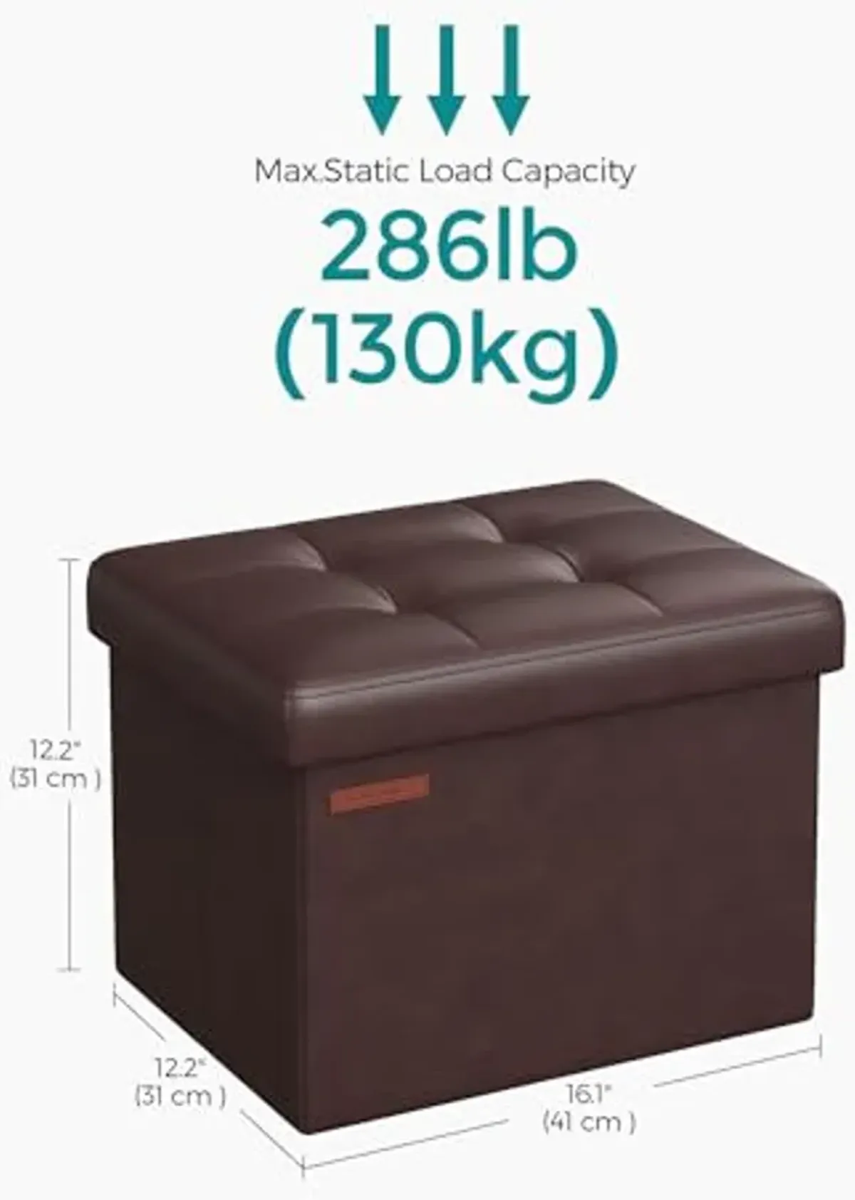 SONGMICS Small Folding Storage Ottoman, Foot Rest Stool, Cube Footrest, Synthetic Leather, 12.2 x 16.1 x 12.2 Inches, 286 lb Capacity, for Living Room, Bedroom, Dorm, Chestnut Brown ULSF100K02