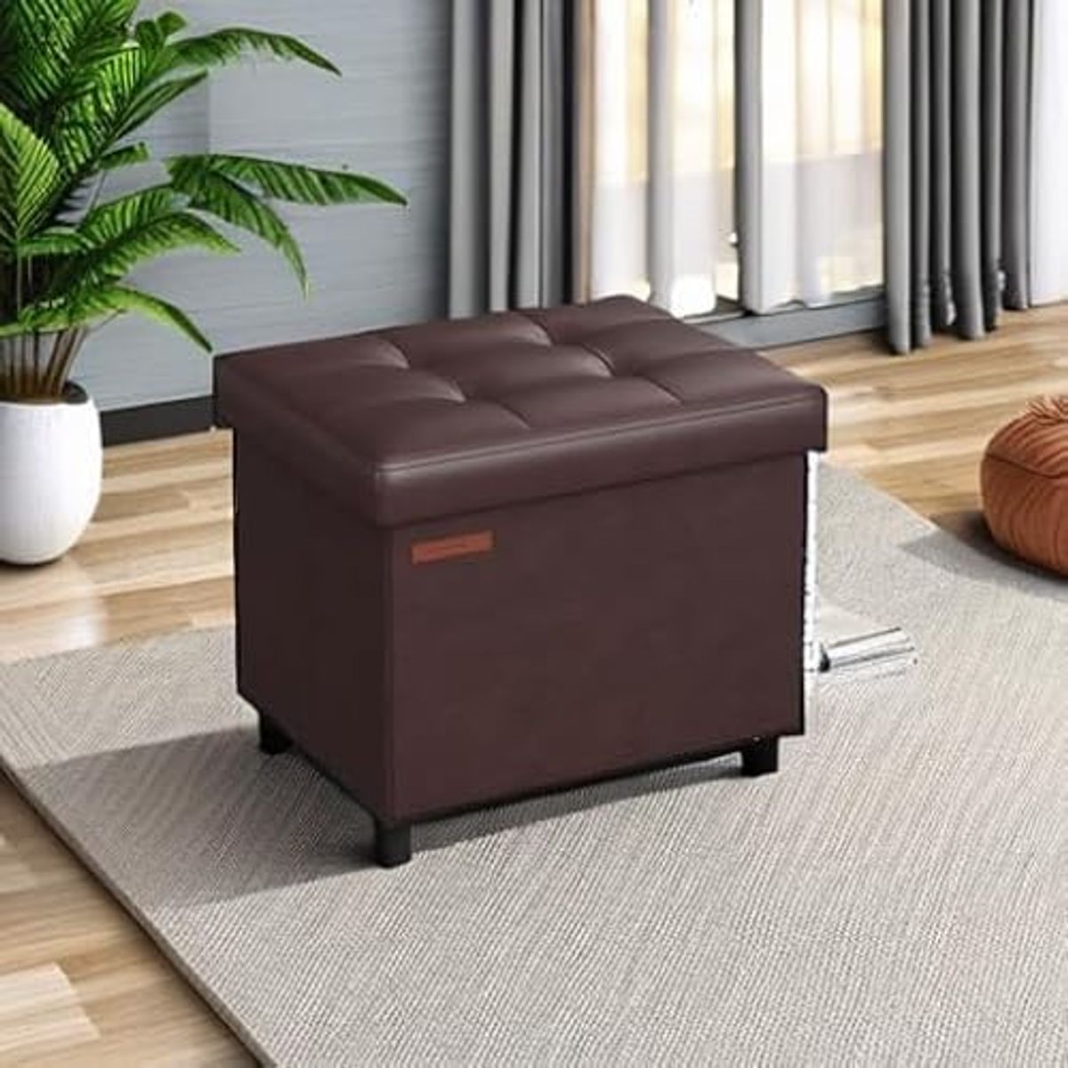 SONGMICS Small Folding Storage Ottoman, Foot Rest Stool, Cube Footrest, Synthetic Leather, 12.2 x 16.1 x 12.2 Inches, 286 lb Capacity, for Living Room, Bedroom, Dorm, Chestnut Brown ULSF100K02