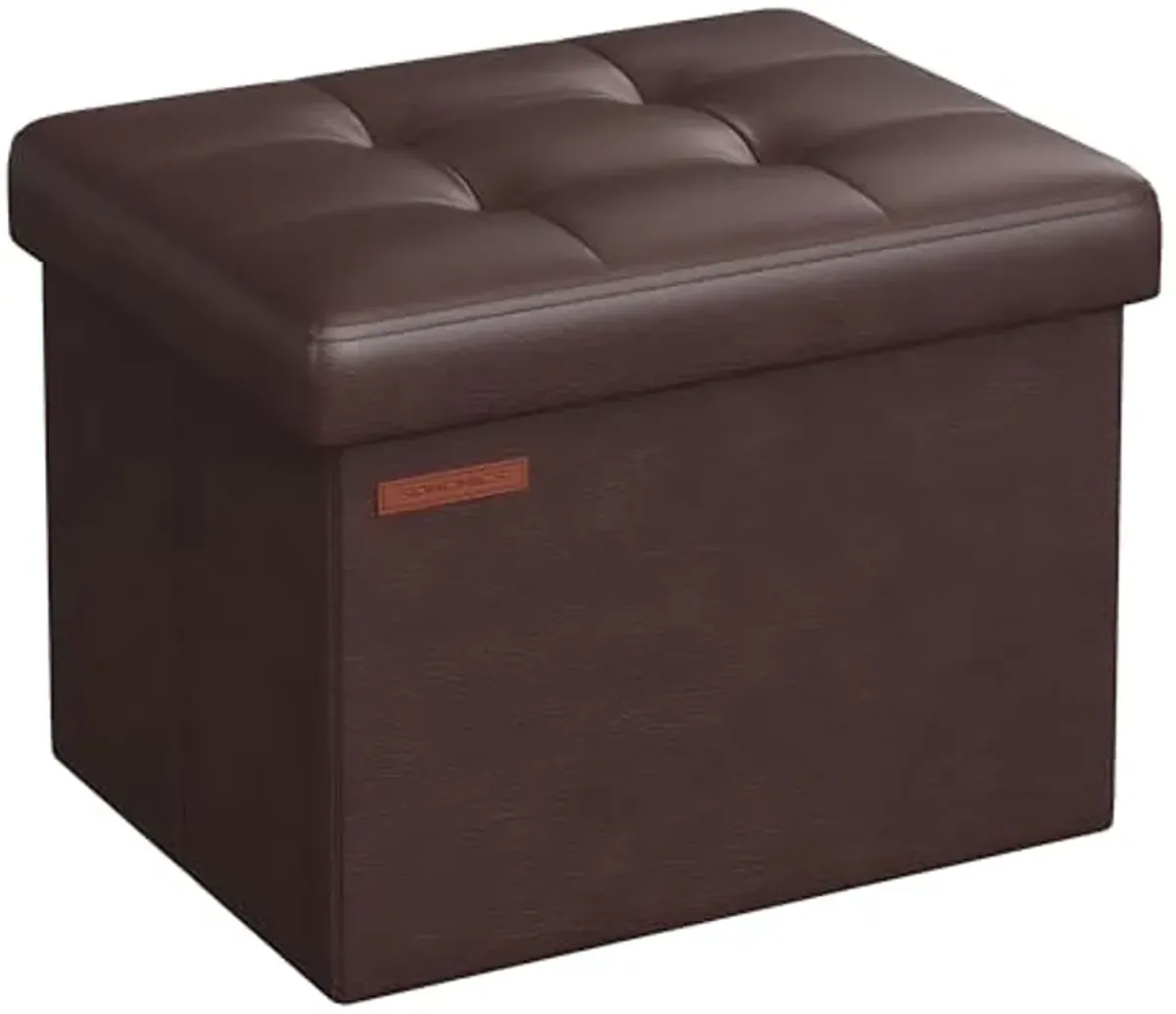 SONGMICS Small Folding Storage Ottoman, Foot Rest Stool, Cube Footrest, Synthetic Leather, 12.2 x 16.1 x 12.2 Inches, 286 lb Capacity, for Living Room, Bedroom, Dorm, Chestnut Brown ULSF100K02