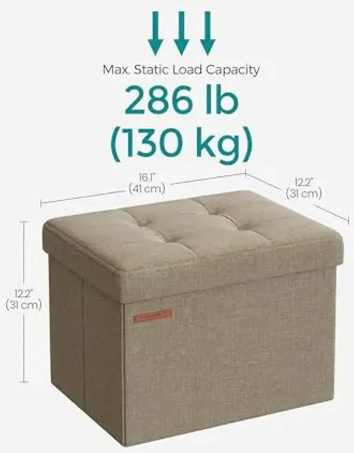 SONGMICS MAZIE Collection - Small Folding Storage Ottoman, Foot Rest Stool, 12.2 x 16.1 x 12.2 Inches, 286 lb Load Capacity, for Living Room, Bedroom, Home Office, Dorm, Light Taupe ULSF102K01