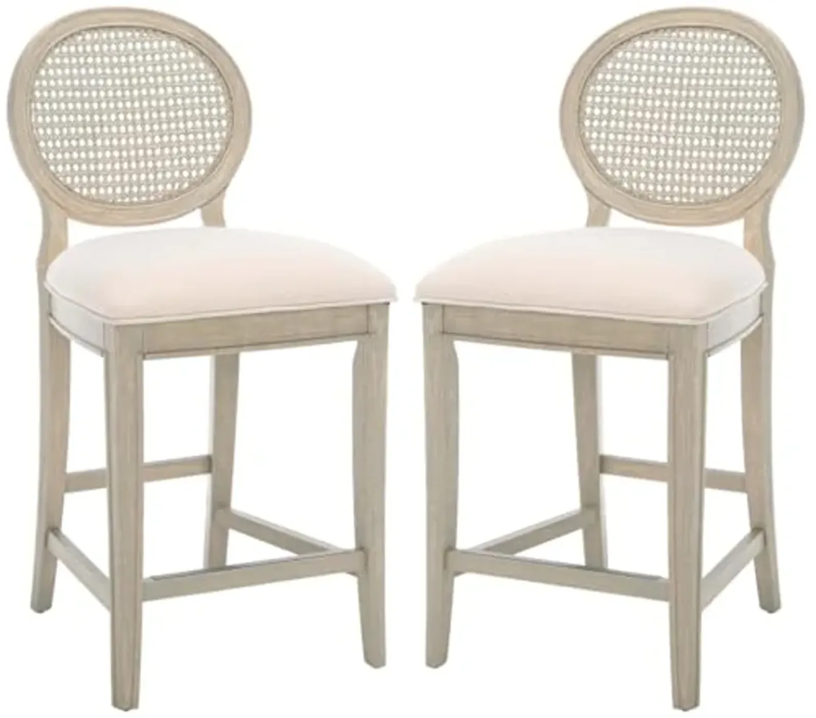 SAFAVIEH Couture Collection Karlee Rustic Grey/Beige Solid Wood Rattan Round Back 27-inch Seat Height Counter Stool Set of 2