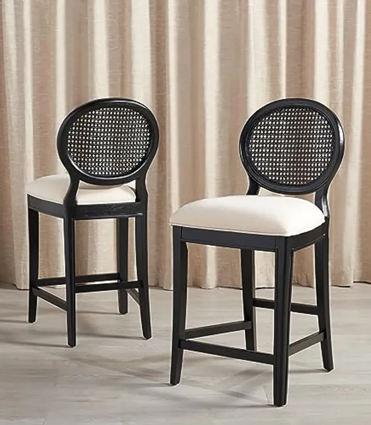 Safavieh Couture Collection Karlee Black/Beige Solid Wood Rattan Round Back 27-inch Seat Height Counter Stool Set of 2