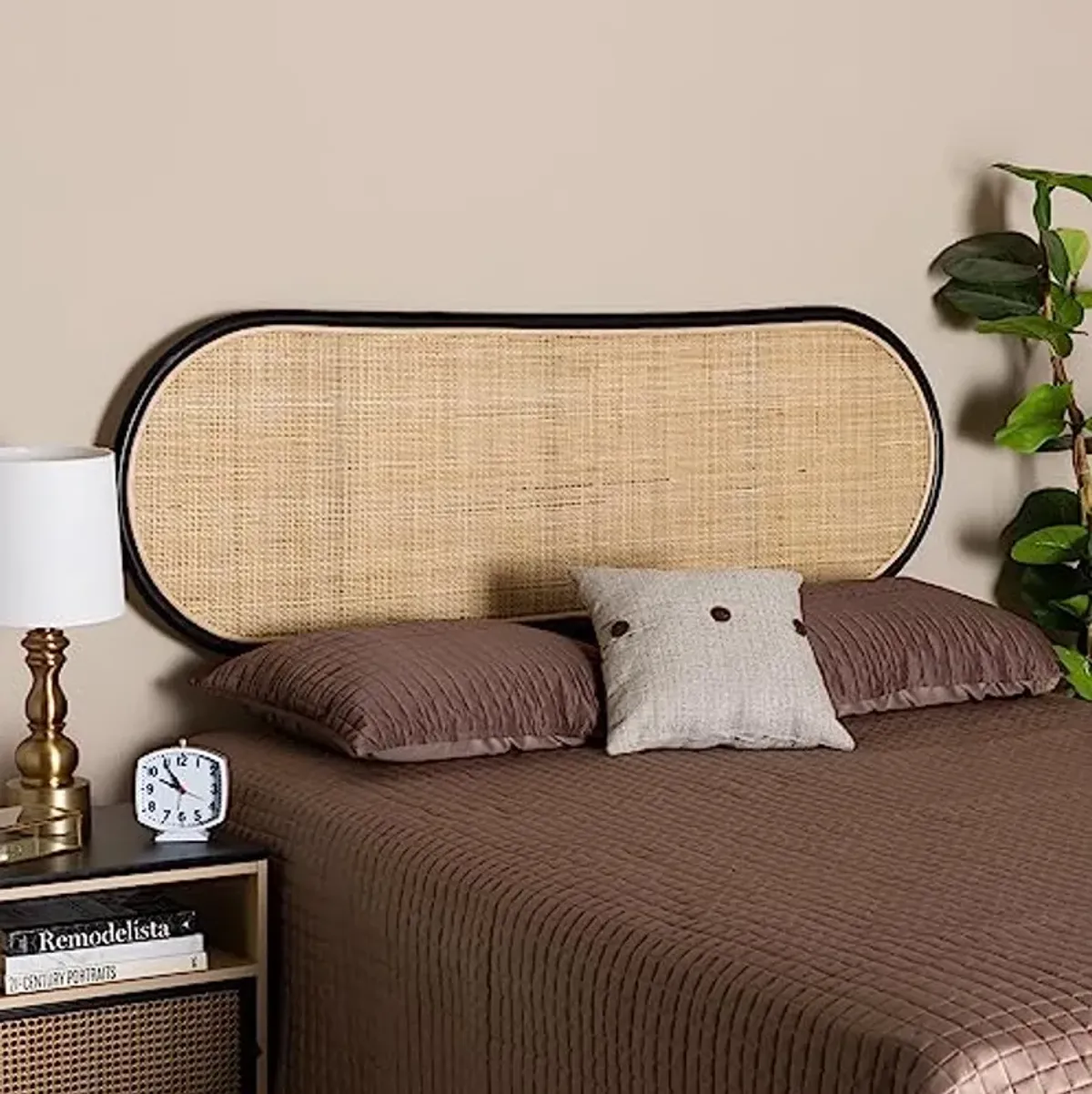 Baxton Studio Reegan Natural Rattan Headboard, Queen, Black