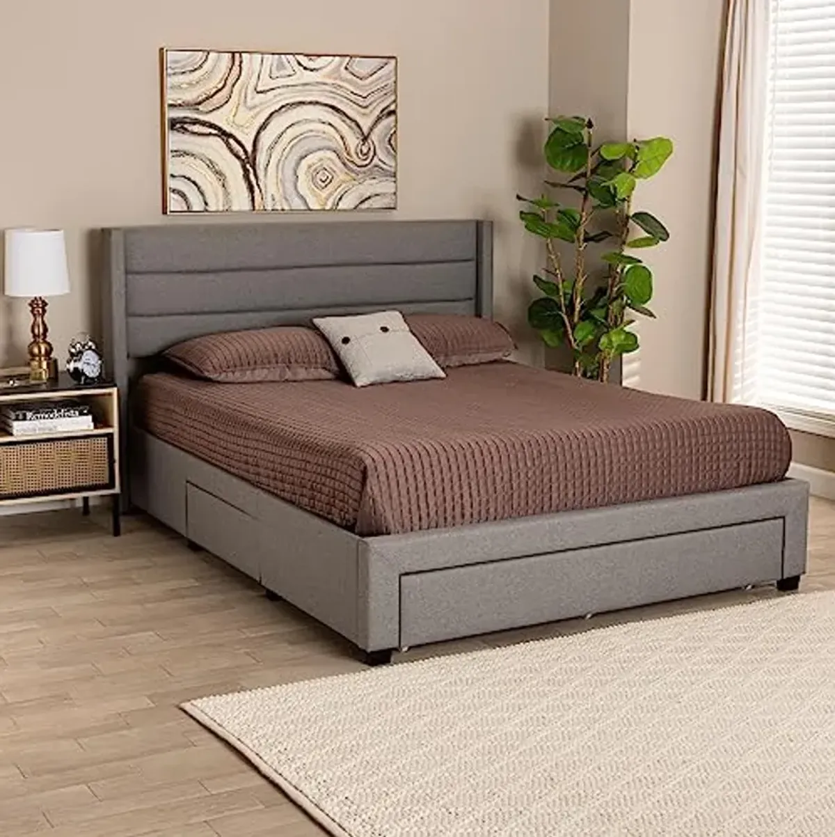 Baxton Studio Braylon Bed (Storage), Full, Light Grey/Dark Brown