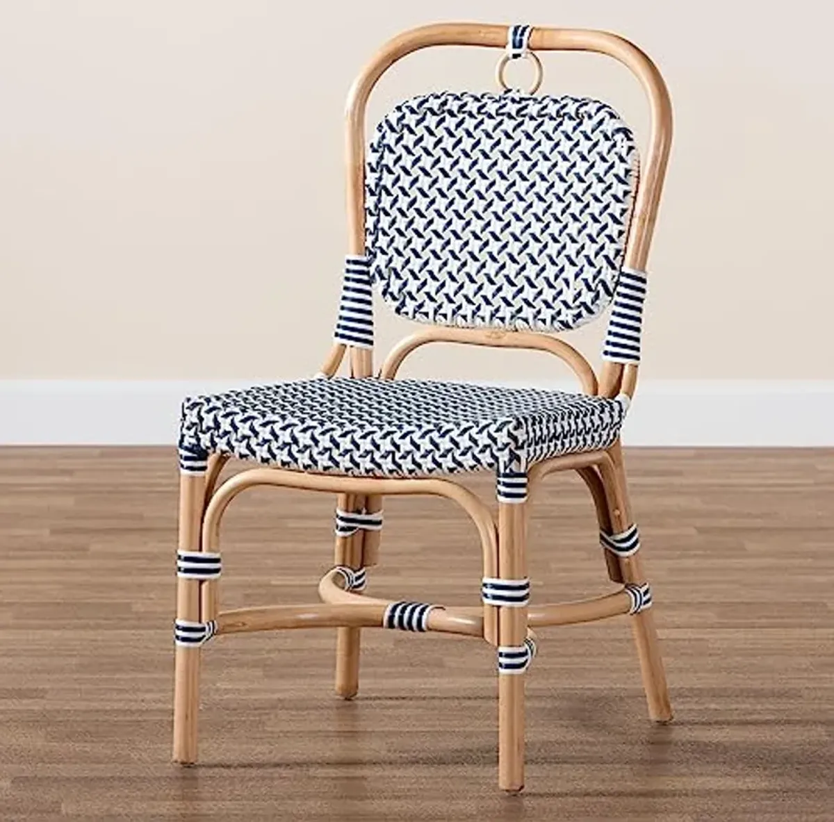 Baxton Studio Luciana Natural Rattan Bistro Chair, One Size, Navy Blue/White