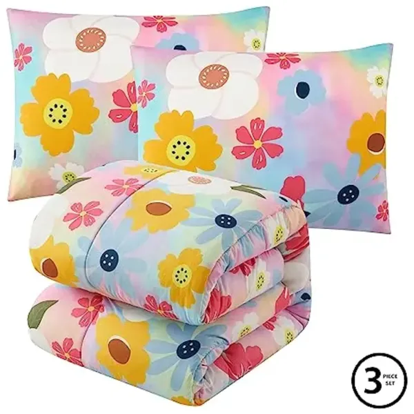 Heritage Kids Comforter Set Full,Easy Wash Ultra Soft Microfiber Bedding with Comforter & 2 Shams, Retro Floral Print