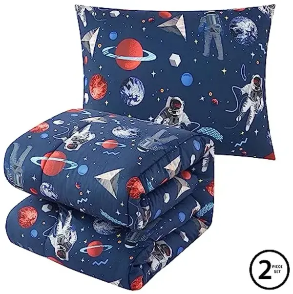 Heritage Kids Easy Wash Ultra Soft and Cozy Microfiber Printed Comforter Set with Comforter and Sham - Outer Space Astronaut - Twin