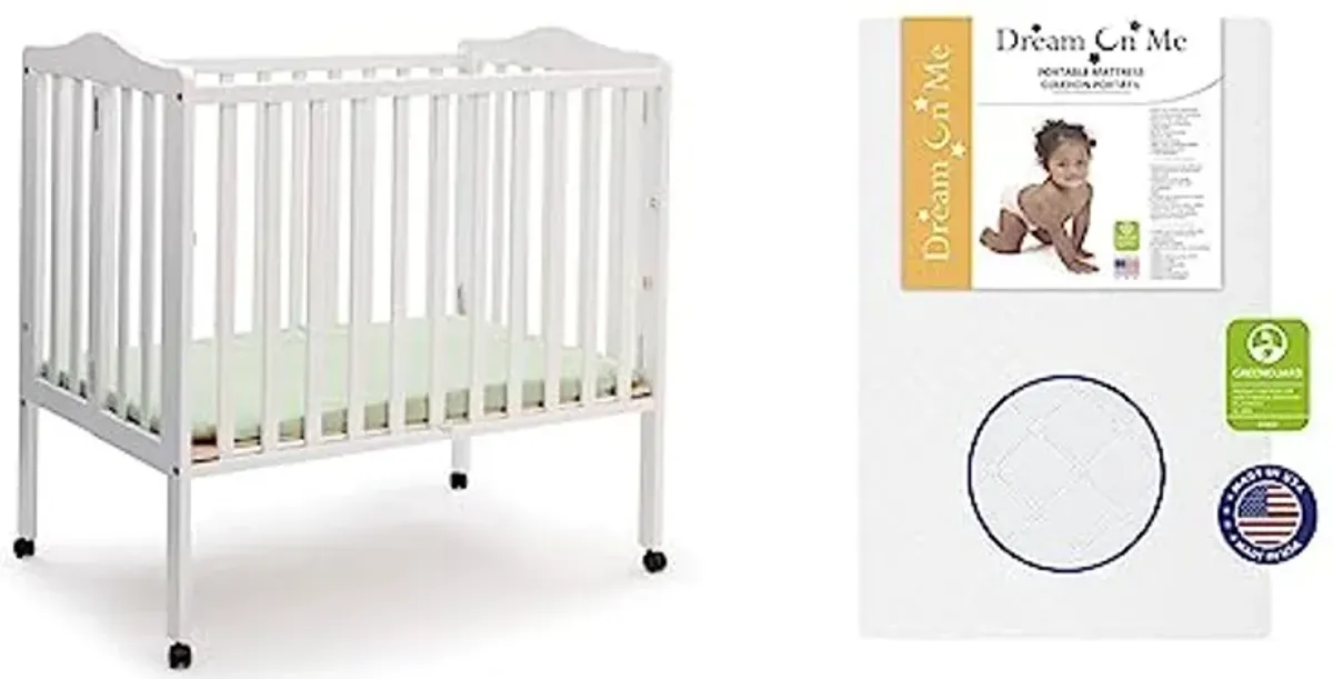 Delta Children Folding Portable Mini Baby Crib with 1.5-inch Mattress - Greenguard Gold Certified, White & Dream On Me Sunset 3” Extra Firm Fiber Crib Mattress, Greenguard Gold Certified