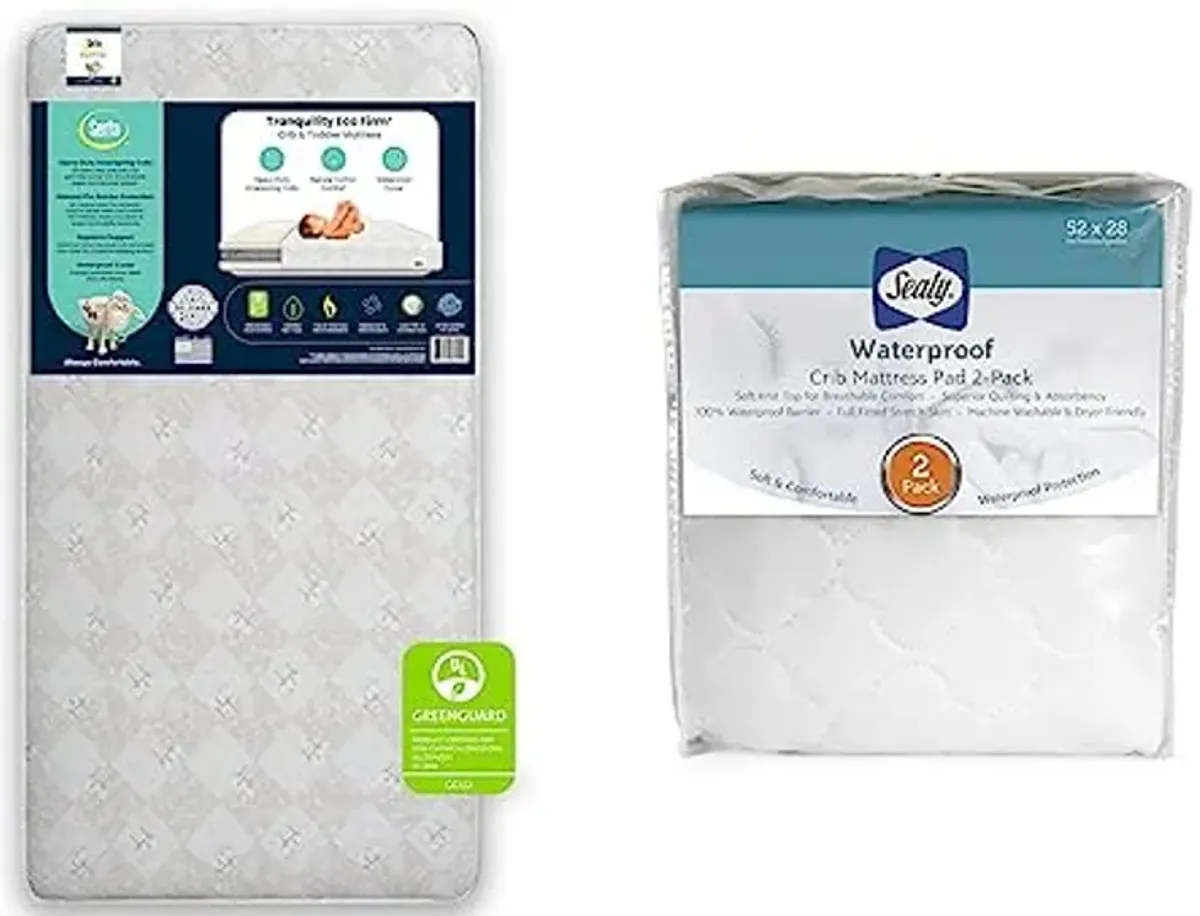 Delta Children Serta Tranquility Eco Firm 2-Stage 6" Premium Baby Crib Mattress & Toddler Mattress - Waterproof & Sealy 2-Pack Waterproof Fitted Toddler Bed and Baby Crib Mattress Pad Cover Protector