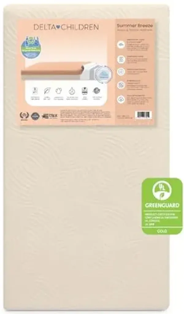 Delta Children Summer Breeze Mattress - Breathable Baby Crib & Toddler Mattress with Cloud Core - Machine Washable Cover - GREENGUARD Gold – Waterproof - Sustainably Sourced Core, Apricot/White