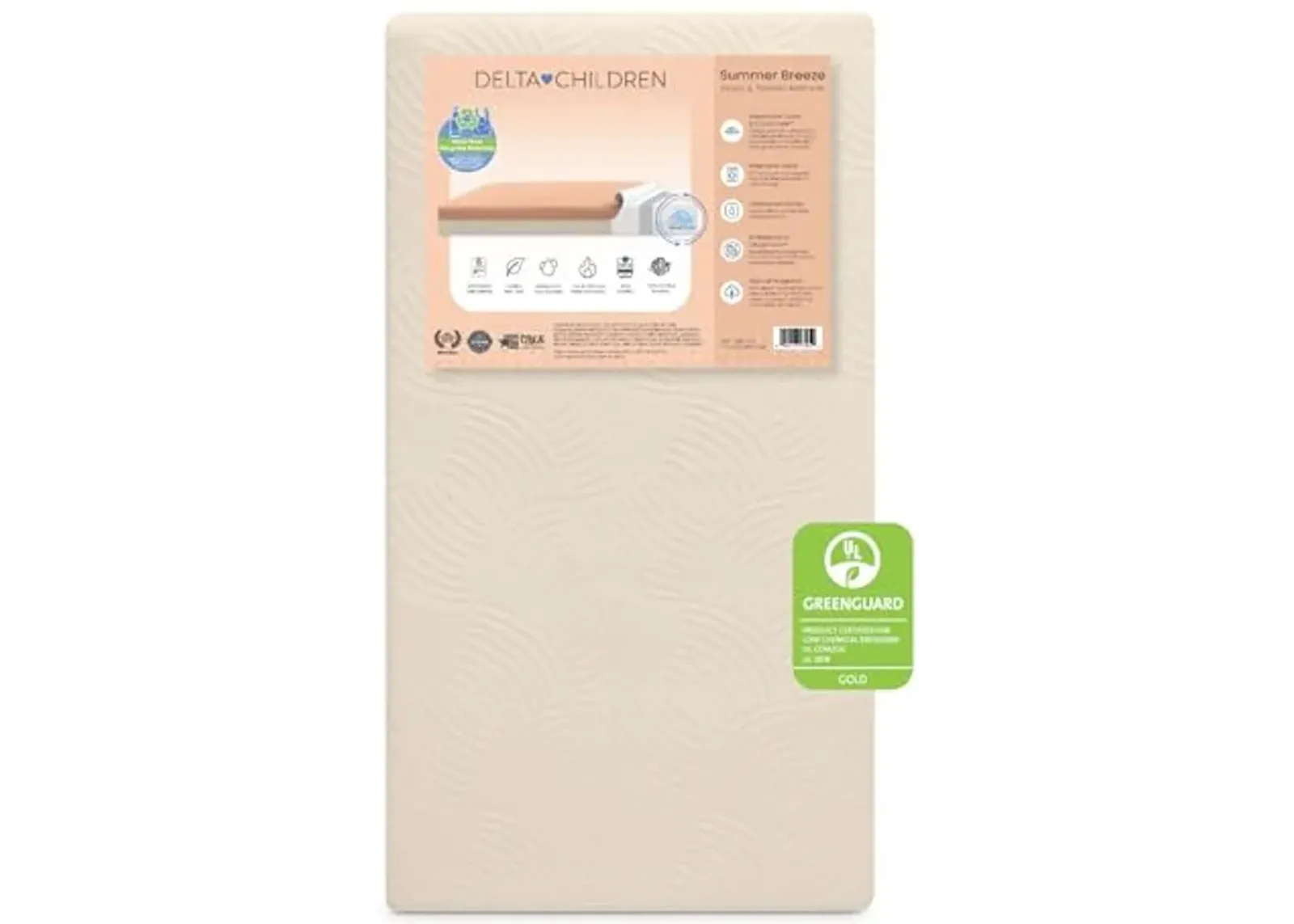 Delta Children Summer Breeze Mattress - Breathable Baby Crib & Toddler Mattress with Cloud Core - Machine Washable Cover - GREENGUARD Gold – Waterproof - Sustainably Sourced Core, Apricot/White