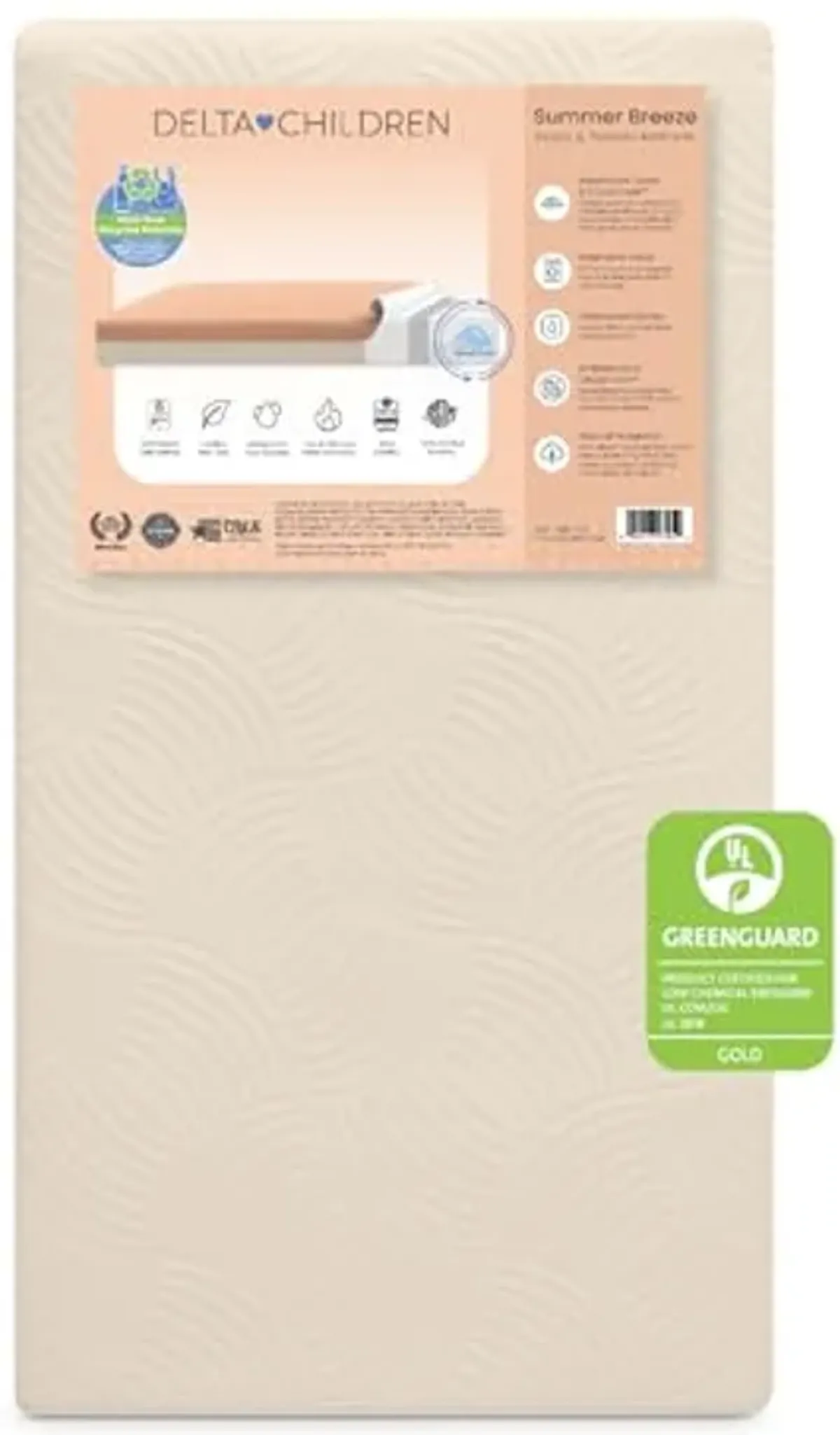 Delta Children Summer Breeze Mattress - Breathable Baby Crib & Toddler Mattress with Cloud Core - Machine Washable Cover - GREENGUARD Gold – Waterproof - Sustainably Sourced Core, Apricot/White