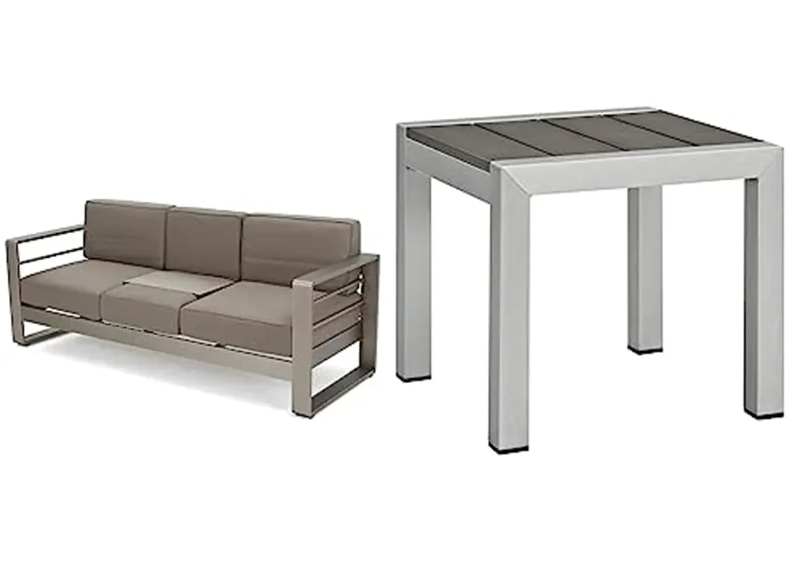 Christopher Knight Home Cape Coral Outdoor Loveseat Sofa with Tray, Khaki & Modway Shore Aluminum Outdoor Patio Side Table in Silver Gray