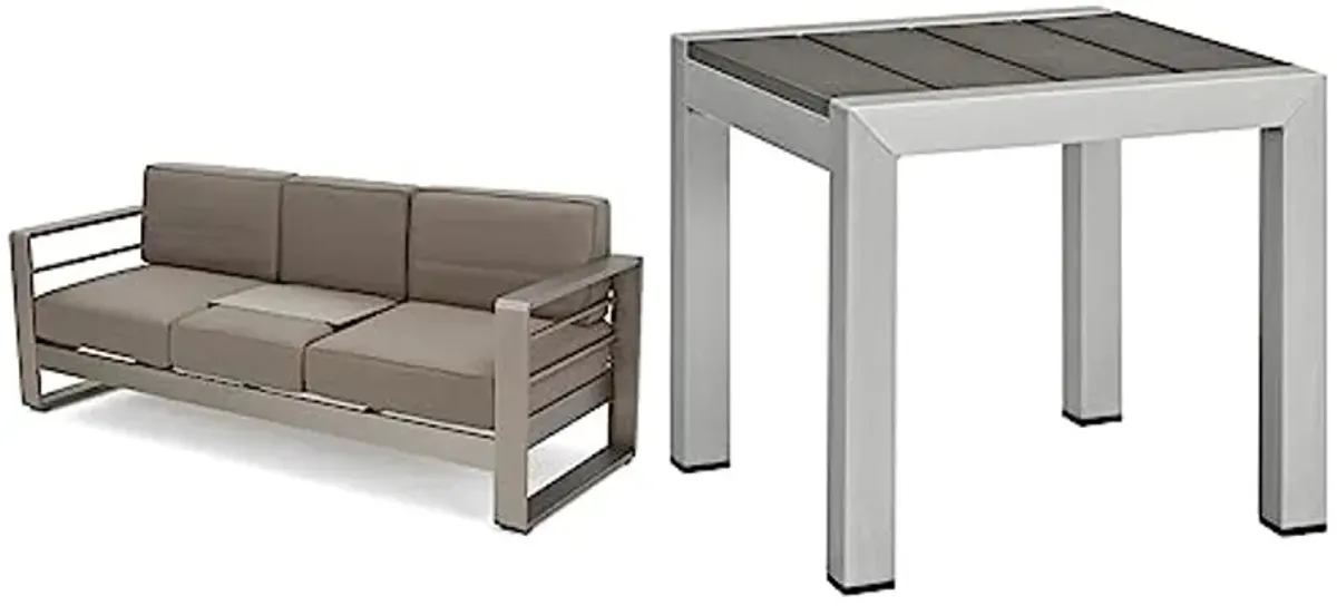 Christopher Knight Home Cape Coral Outdoor Loveseat Sofa with Tray, Khaki & Modway Shore Aluminum Outdoor Patio Side Table in Silver Gray