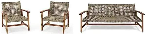 Christopher Knight Home Hampton Outdoor Mid-Century Wicker Club Chairs with Acacia Wood Frame, 2-Pcs Set, Natural Stained / Grey and Christopher Knight Home Marcia Outdoor Wood Sofa, Wicker, 75.50 x 31.00 x 31.50, Gray, Natural Stained Finish