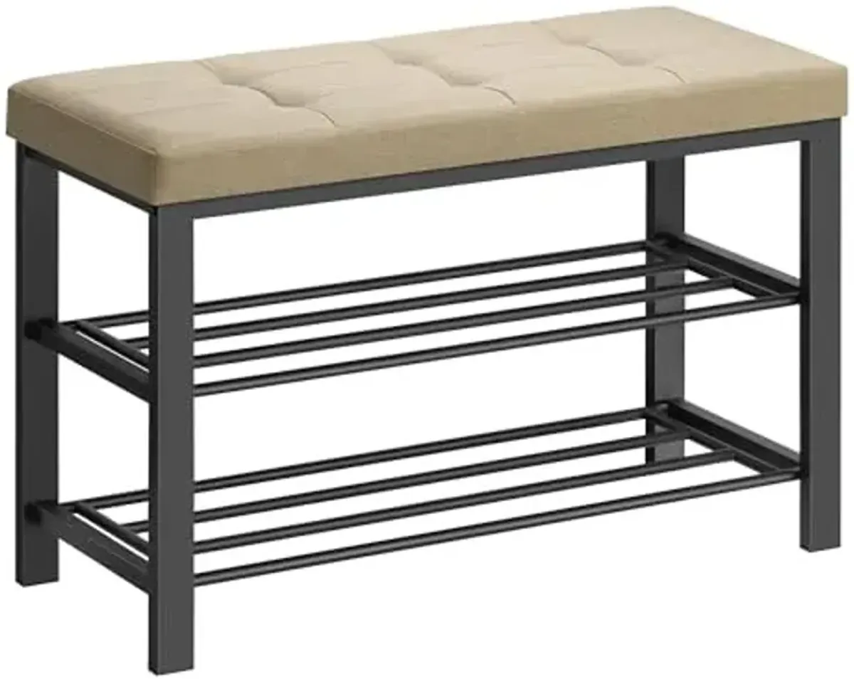 SONGMICS Shoe Bench, Storage Bench, Entryway Bench with Cushion, Shoe Shelf with Seat, Space-Saving, Modern Style, for Living Room, Bedroom, Hallway, Camel Brown and Ink Black ULBS057K01