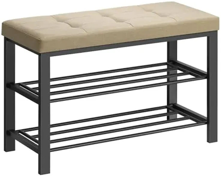 SONGMICS Shoe Bench, Storage Bench, Entryway Bench with Cushion, Shoe Shelf with Seat, Space-Saving, Modern Style, for Living Room, Bedroom, Hallway, Camel Brown and Ink Black ULBS057K01