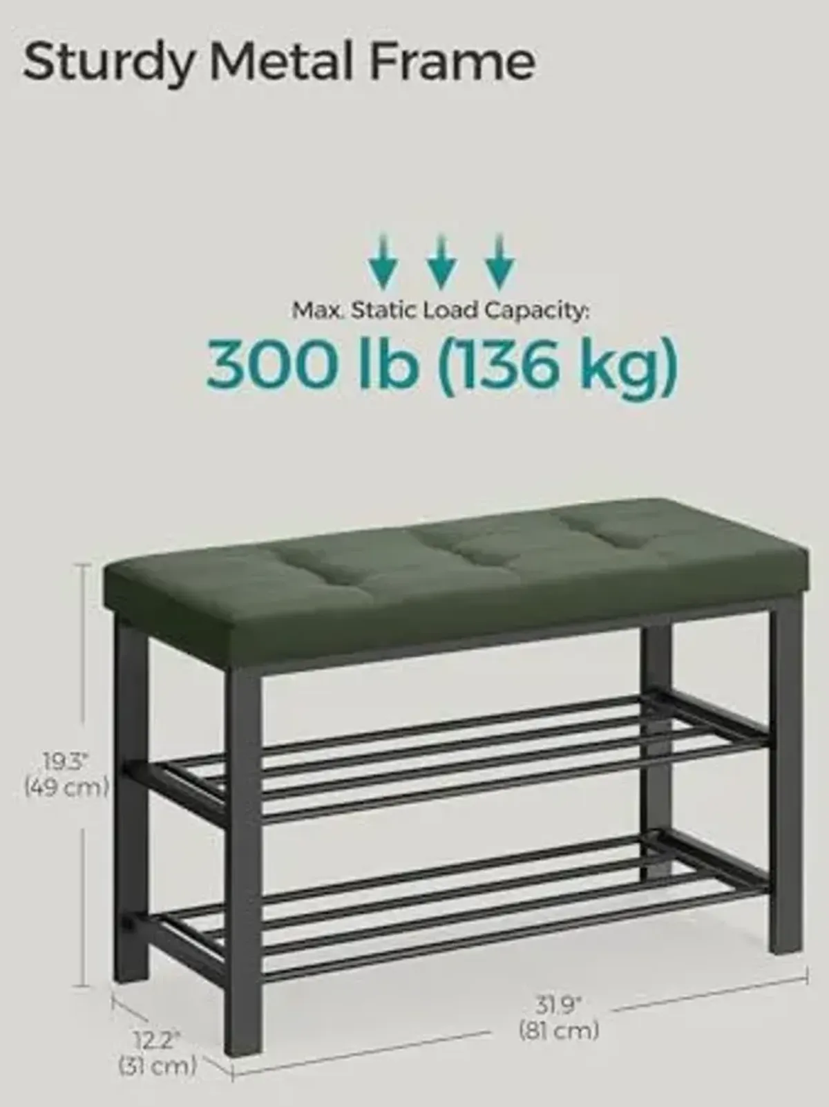 SONGMICS Shoe Bench, Storage Bench, Entryway Bench with Cushion, Shoe Shelf with Seat, Space-Saving, Modern Style, for Living Room, Bedroom, Hallway, Forest Green and Ink Black ULBS057C01