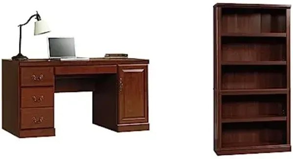 Sauder Heritage Hill Computer Credenza, L: 59.25" x W: 20.47" x H: 30.24", Classic Cherry & Select Collection 5-Shelf Bookcase, Select Cherry Finish