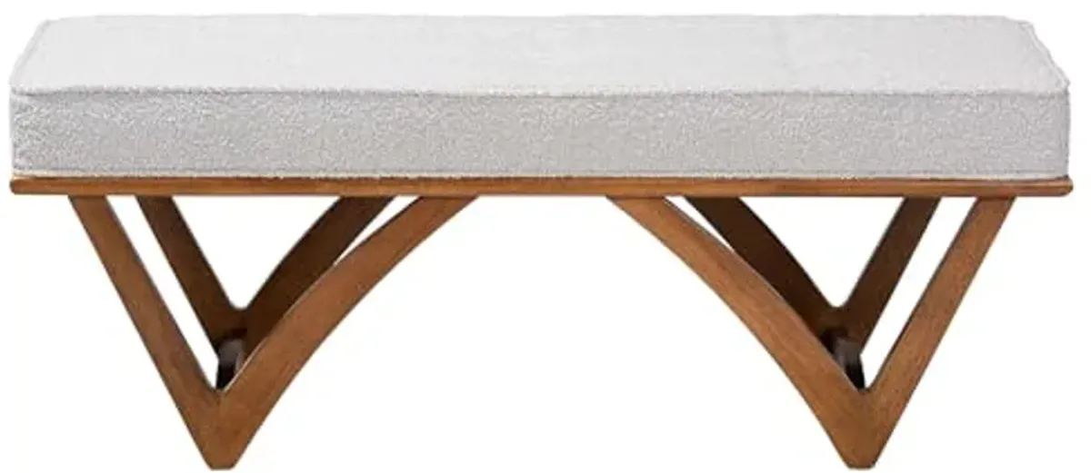 Baxton Studio Chenoa Japandi Light Grey Boucle Fabric and Walnut Brown Finished Wood Bench