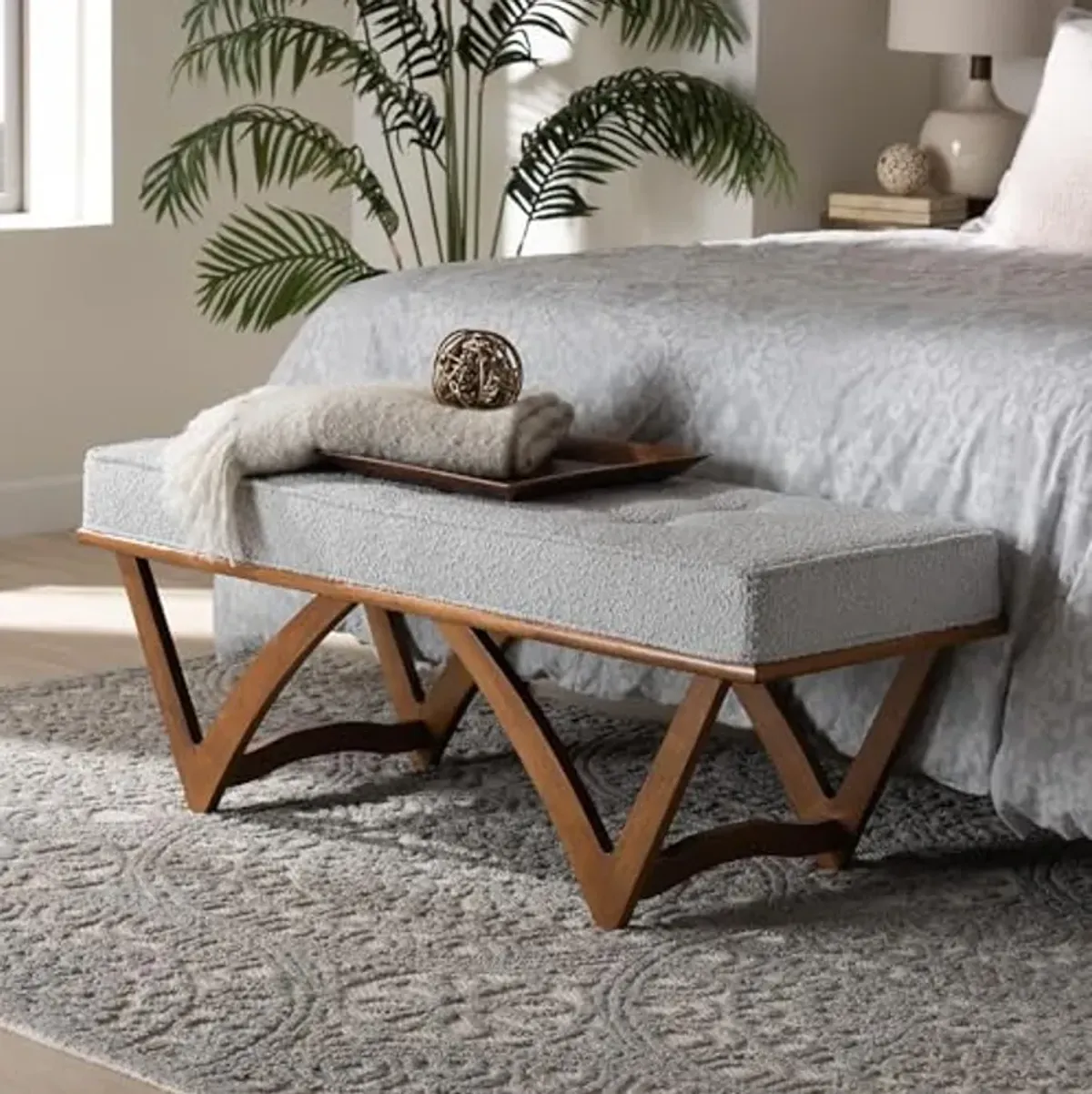 Baxton Studio Chenoa Japandi Light Grey Boucle Fabric and Walnut Brown Finished Wood Bench