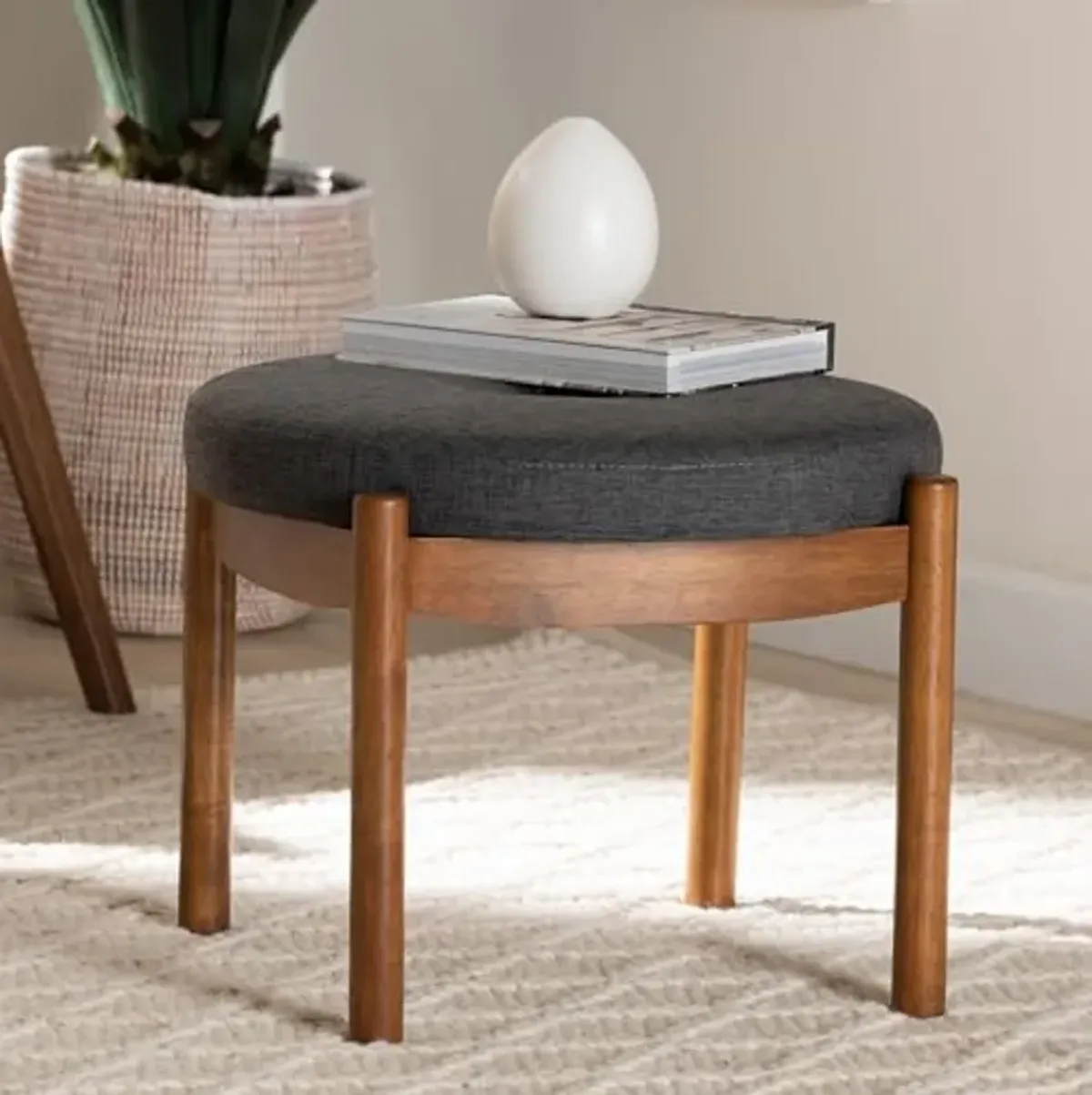 Baxton Studio Iliana Japandi Dark Grey Fabric and Walnut Brown Finished Wood Ottoman Footstool