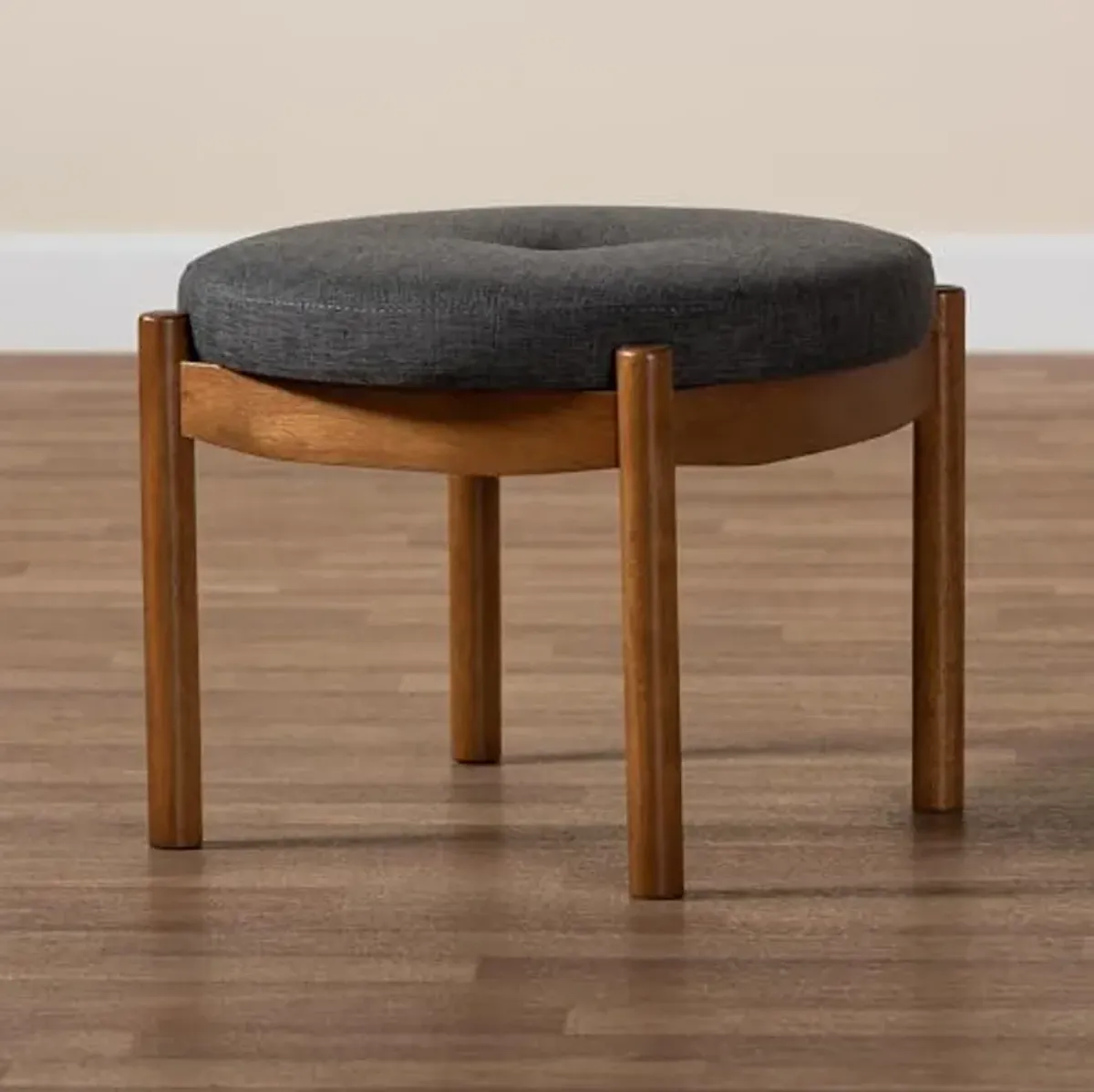 Baxton Studio Iliana Japandi Dark Grey Fabric and Walnut Brown Finished Wood Ottoman Footstool