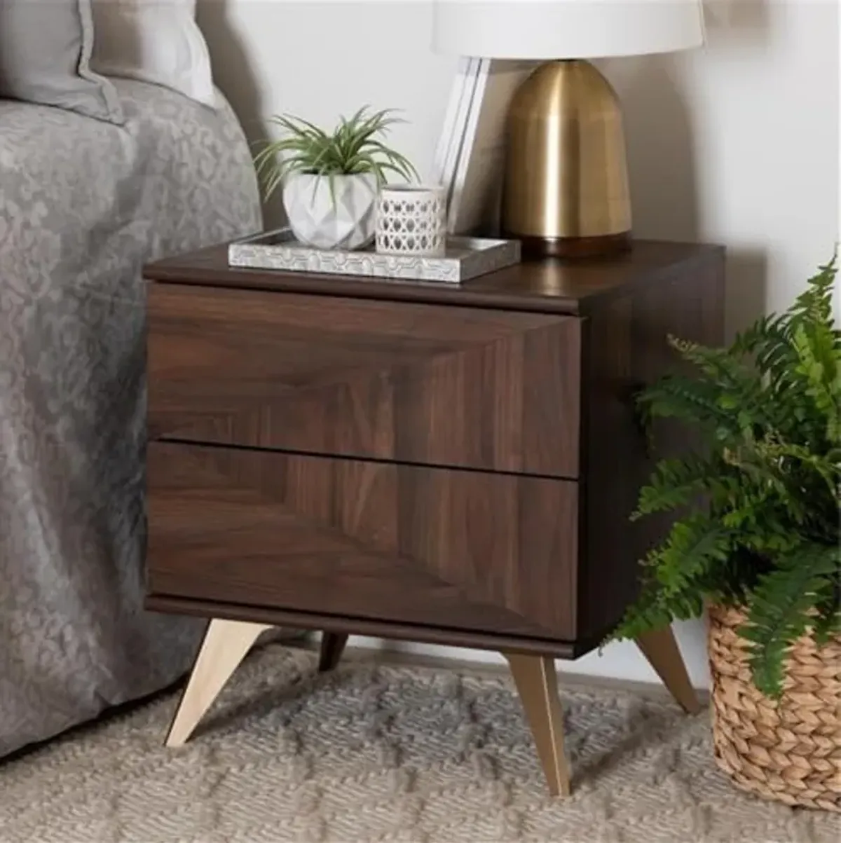 Baxton Studio Graceland Mid-Century Modern Transitional Walnut Brown Finished Wood 2-Drawer Nightstand