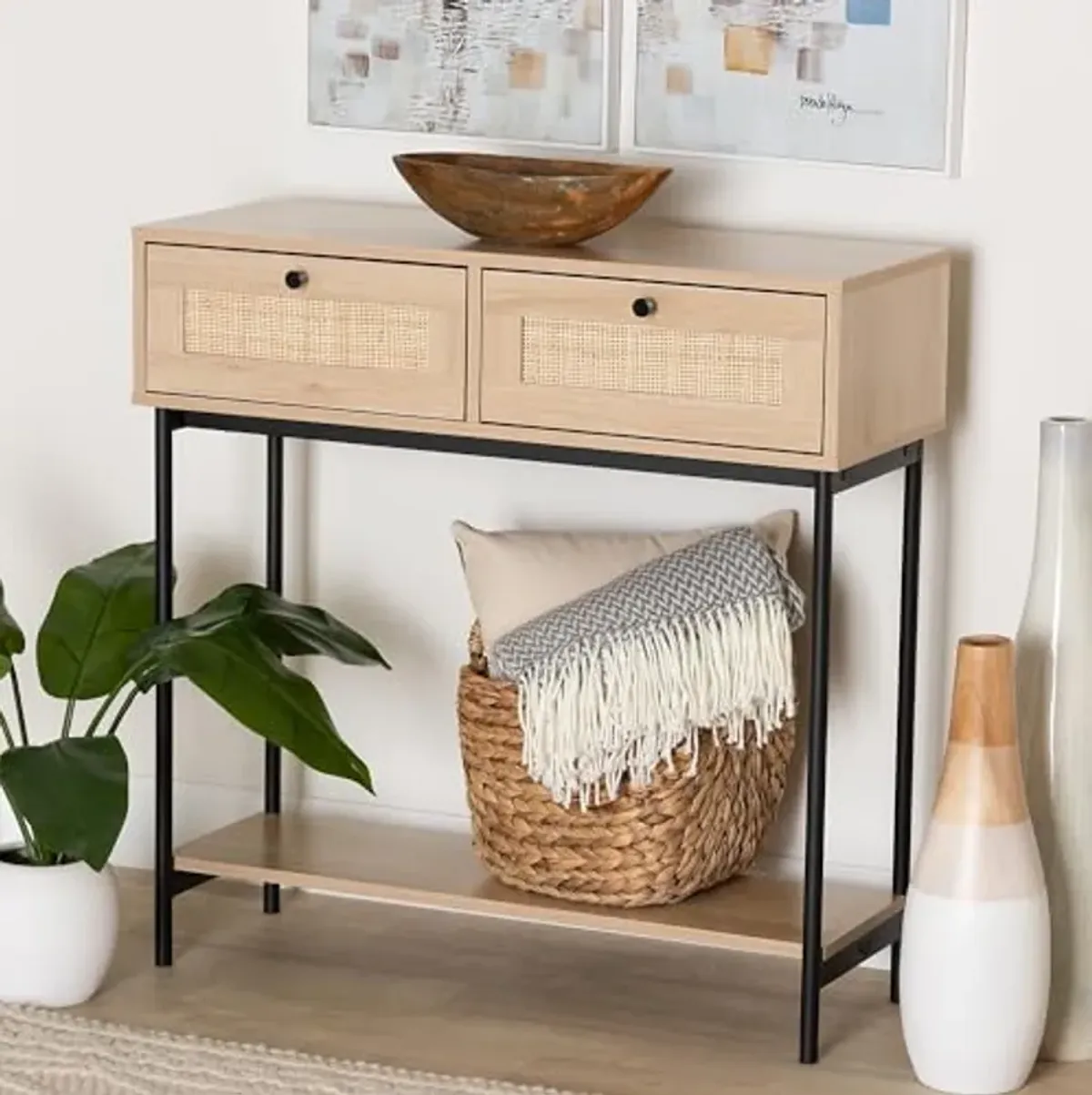 Baxton Studio Sherwin Mid-Century Modern Light Brown and Black 2-Drawer Console Table with Woven Rattan Accent