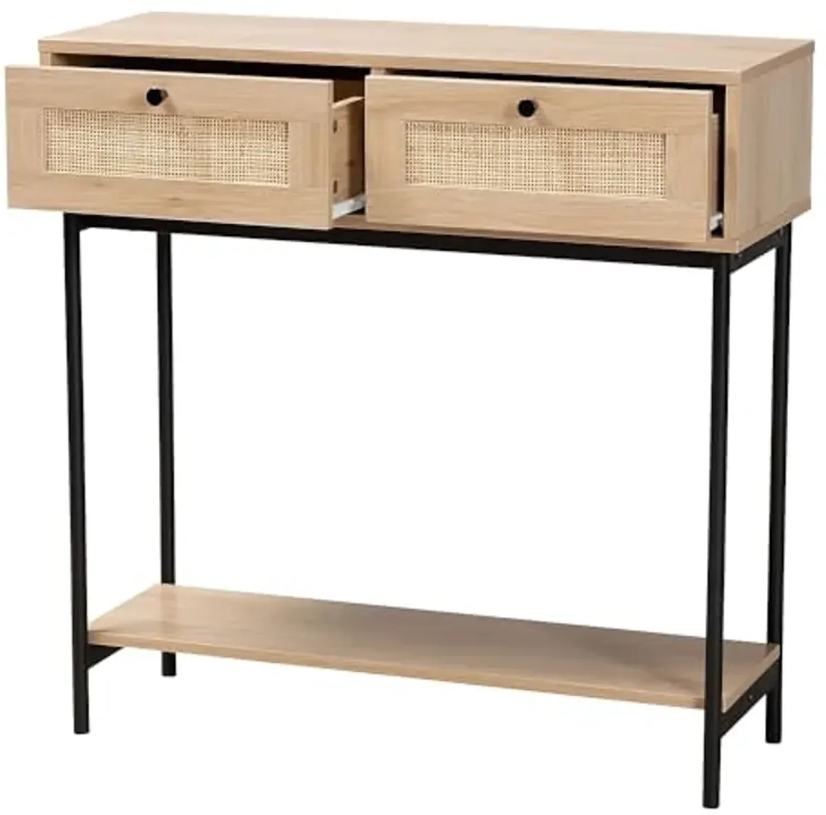 Baxton Studio Sherwin Mid-Century Modern Light Brown and Black 2-Drawer Console Table with Woven Rattan Accent