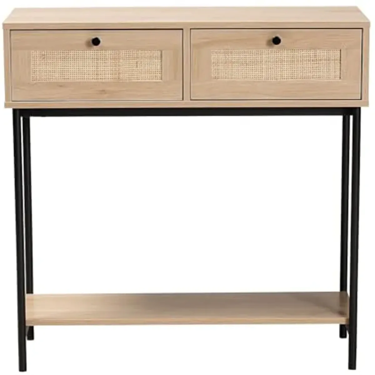 Baxton Studio Sherwin Mid-Century Modern Light Brown and Black 2-Drawer Console Table with Woven Rattan Accent