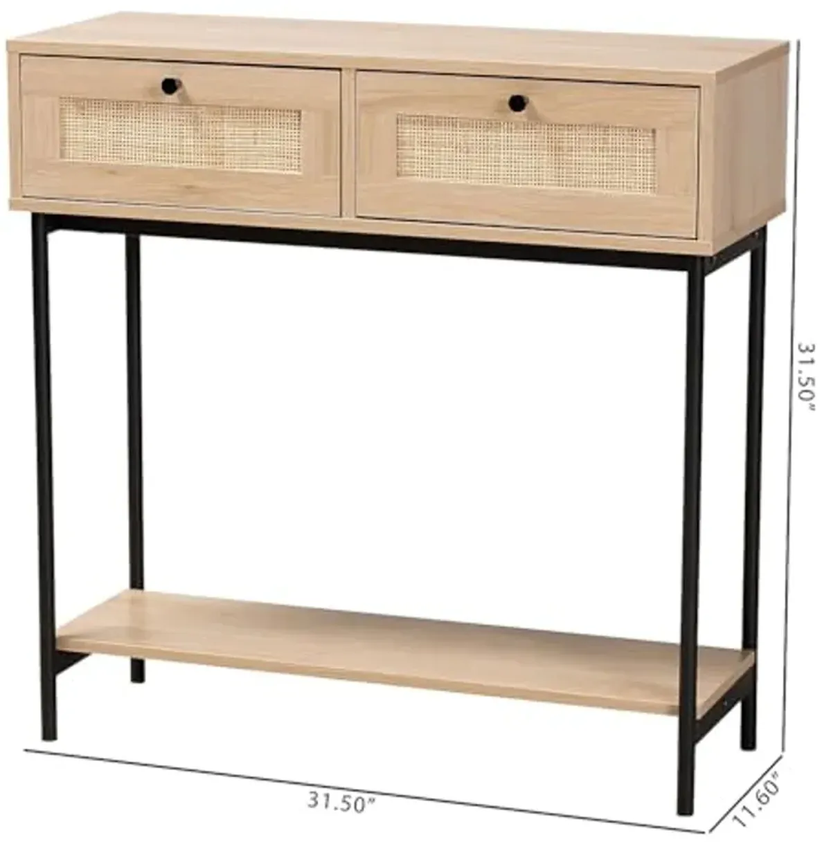 Baxton Studio Sherwin Mid-Century Modern Light Brown and Black 2-Drawer Console Table with Woven Rattan Accent