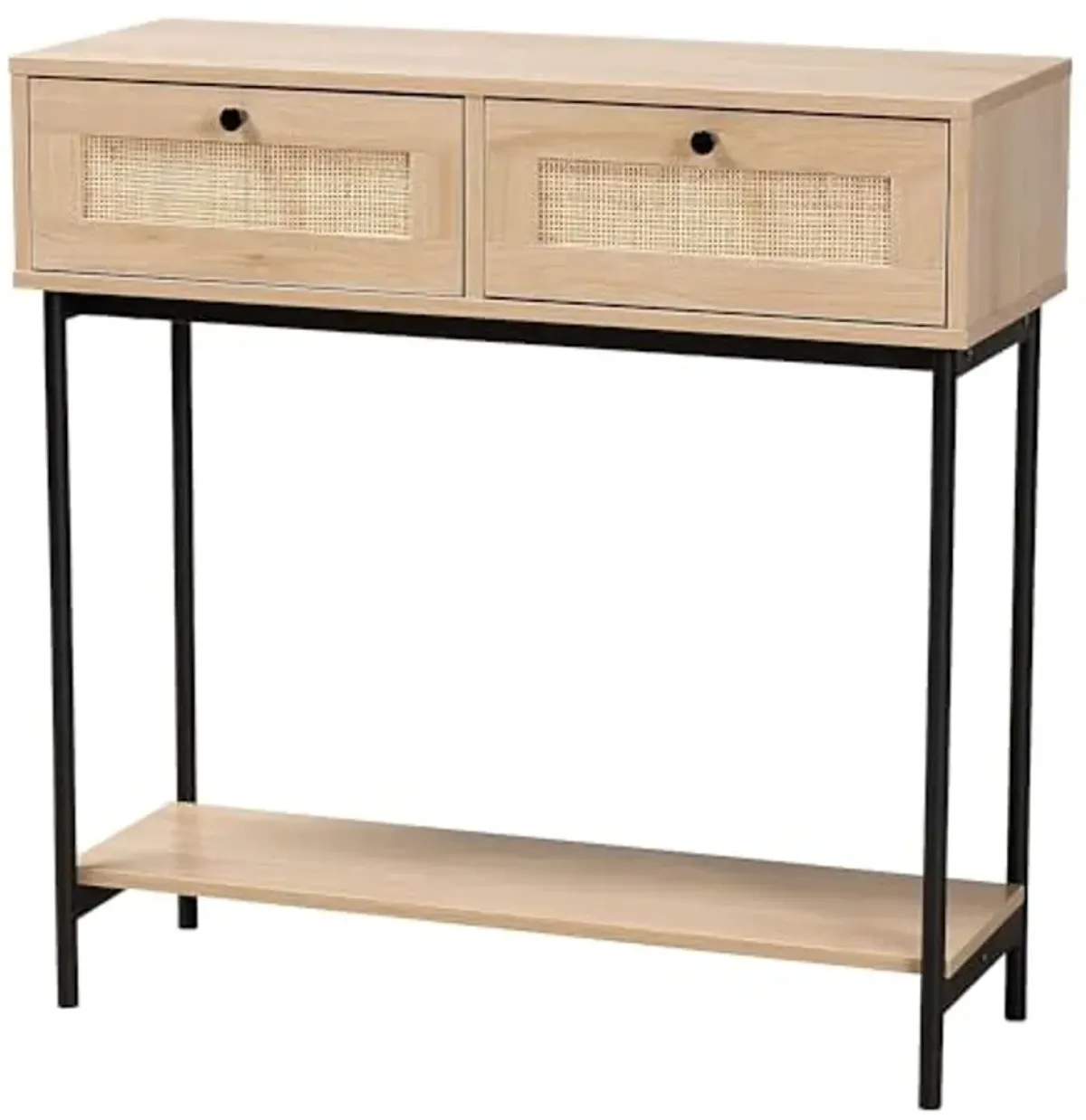 Baxton Studio Sherwin Mid-Century Modern Light Brown and Black 2-Drawer Console Table with Woven Rattan Accent