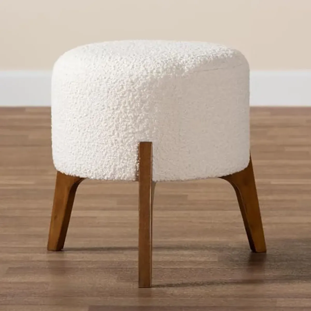 Baxton Studio Elkie Japandi Cream Boucle Fabric and Walnut Brown Finished Wood Ottoman Footstool