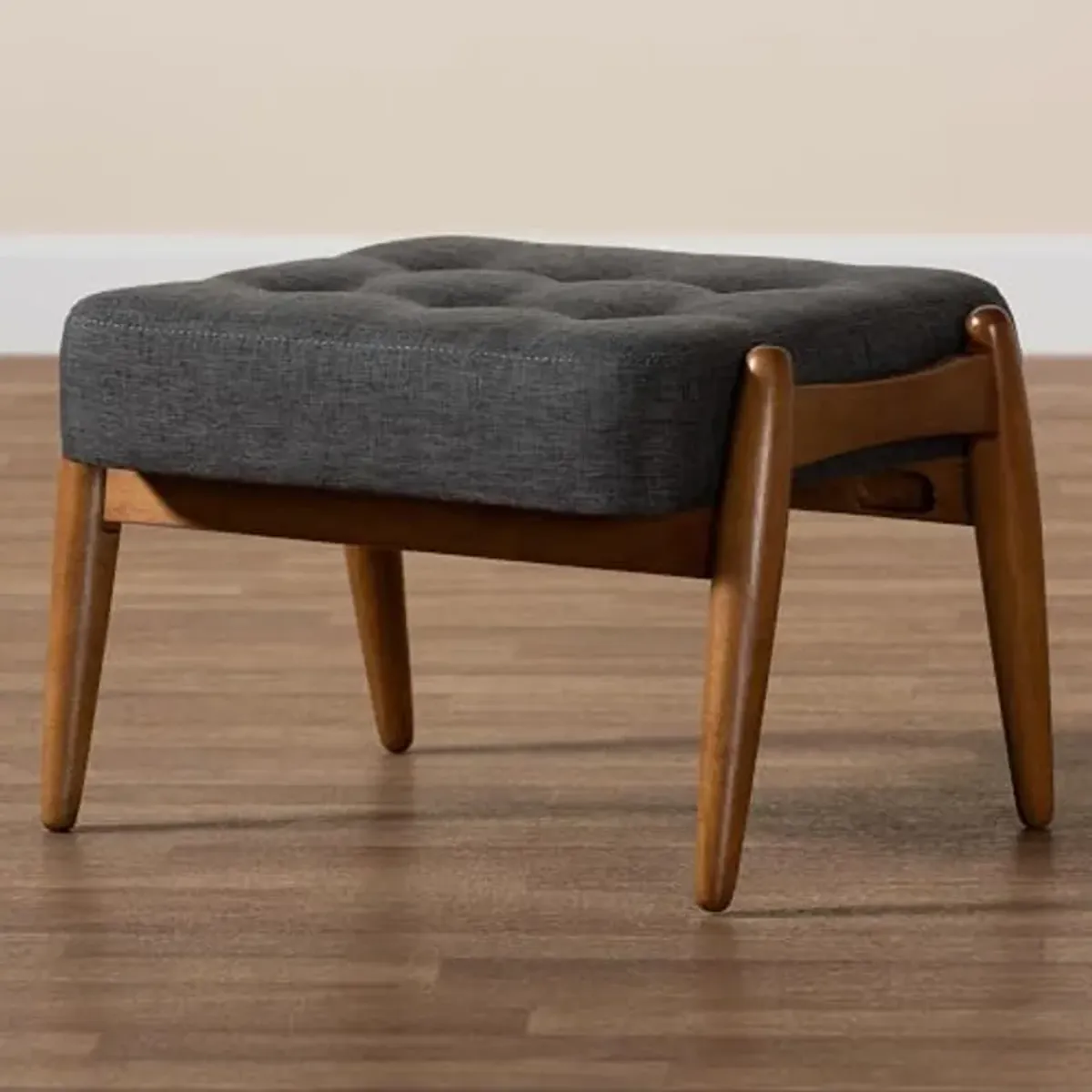 Baxton Studio Jeanine Japandi Dark Grey Fabric and Walnut Brown Finished Wood Ottoman Footstool