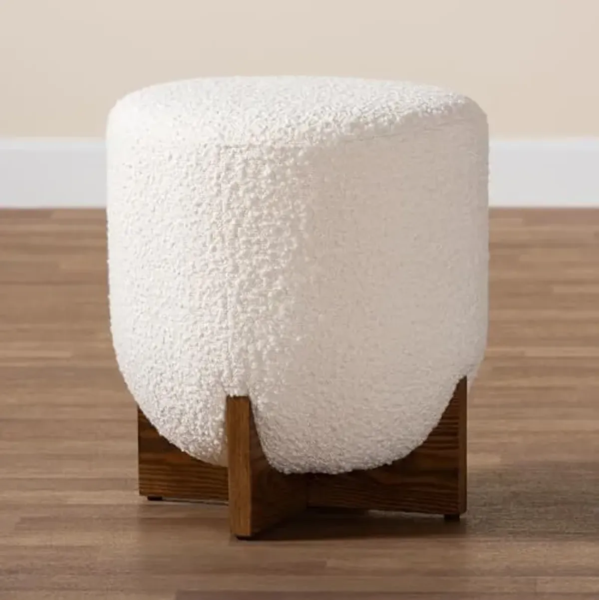 Baxton Studio Fisk Japandi Cream Boucle Fabric and Walnut Brown Finished Wood Ottoman Footstool