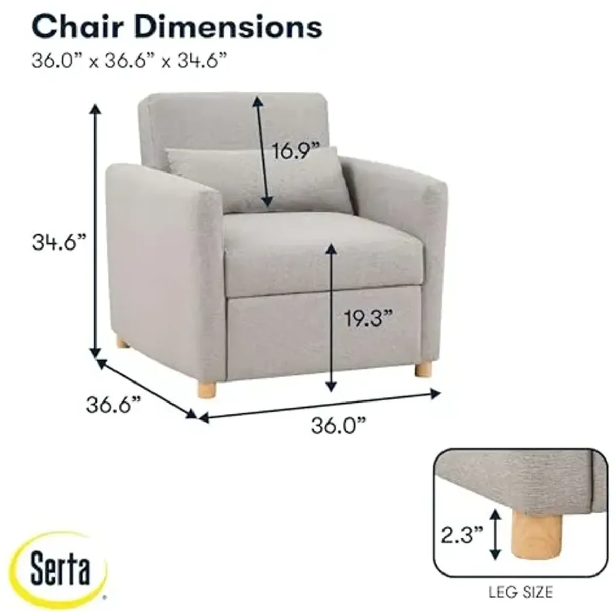 Serta® Corwin 36" Convertible Accent Chair, Dreamcoil® Comfort, FingerGuard® Pinch Point Protection, Woven Polyester Fabric, Light Gray