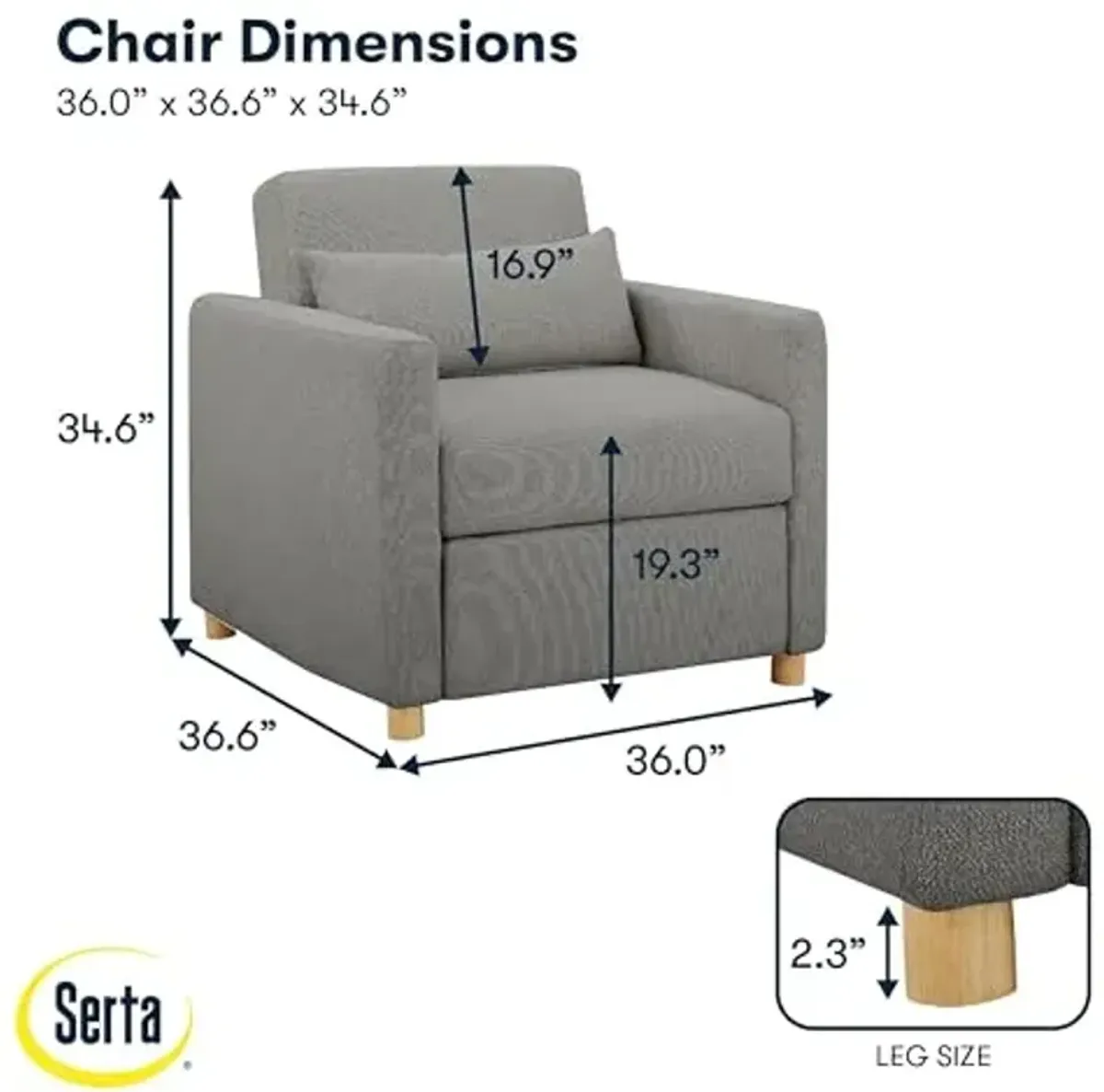 Serta® Corwin 36" Convertible Accent Chair, Dreamcoil® Comfort, FingerGuard® Pinch Point Protection, Polyester Boucle Fabric, Gray