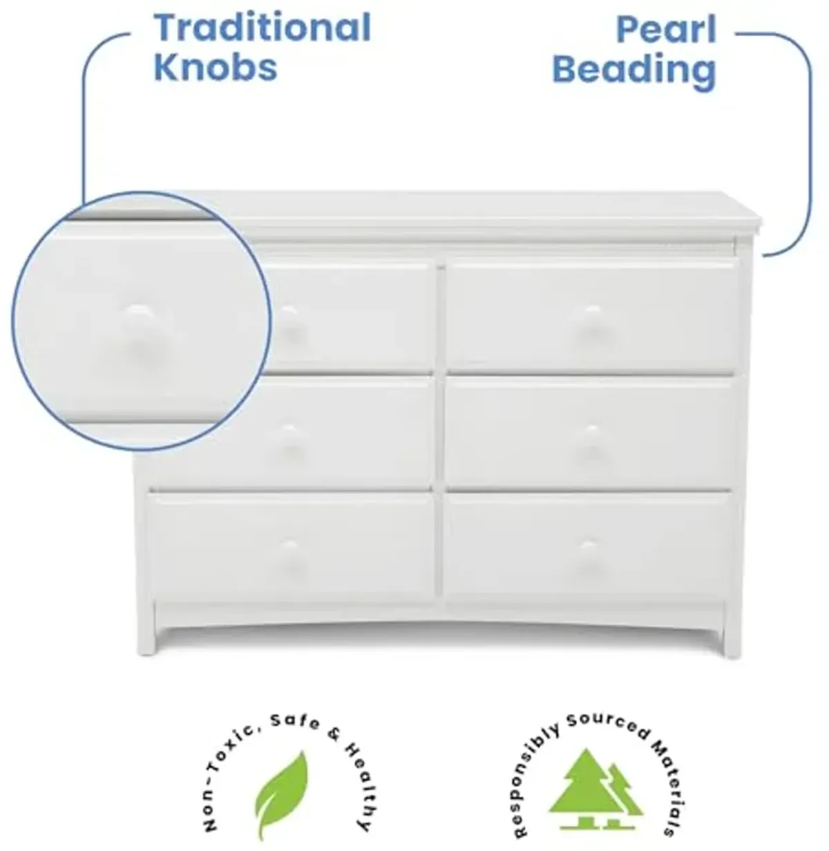 Delta Children Emerson 6 Drawer Dresser with Interlocking Drawers - Greenguard Gold Certified, Bianca White