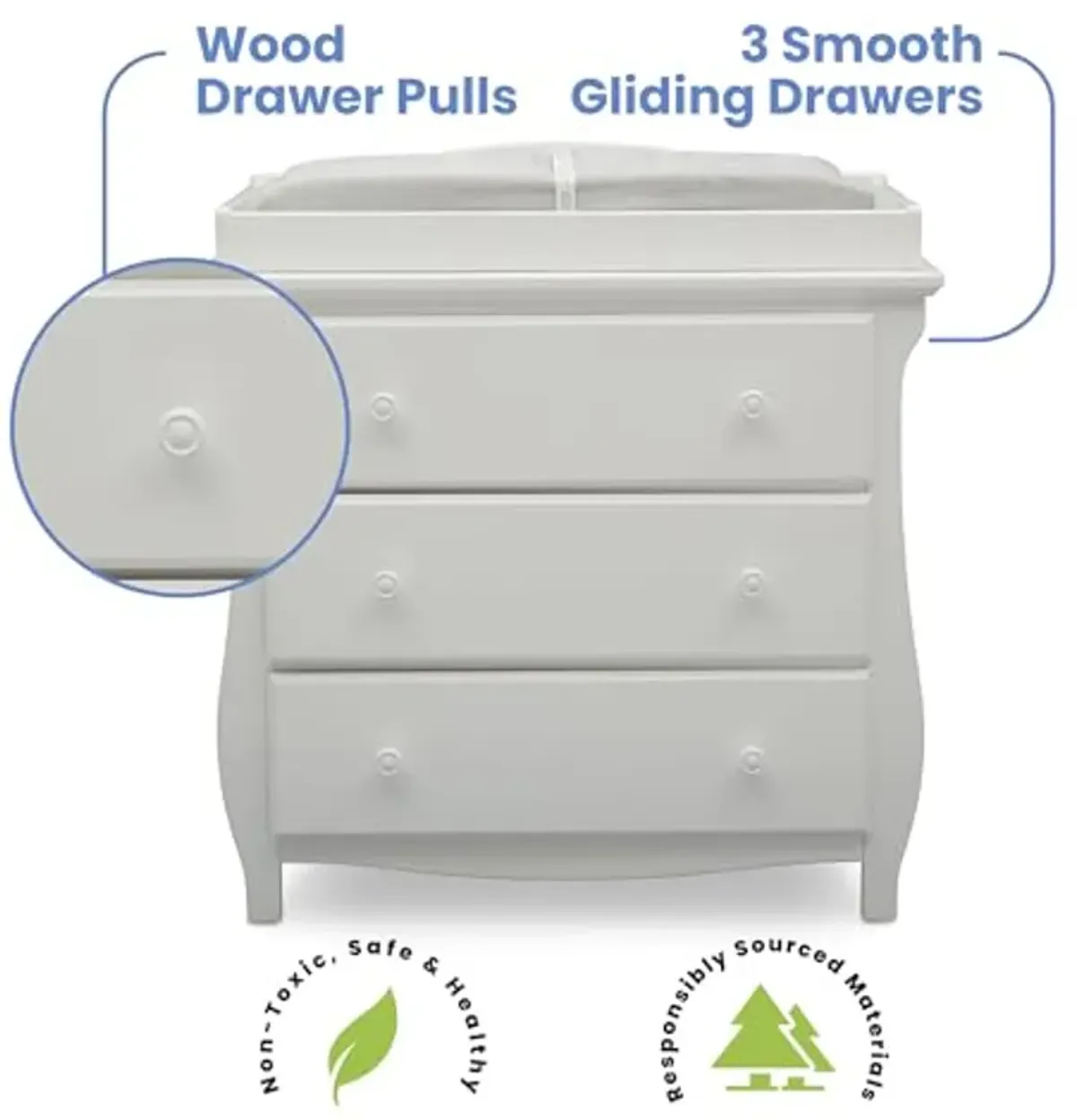 Delta Children Lancaster 3 Drawer Dresser with Changing Top and Interlocking Drawers - Greenguard Gold Certified, Bianca White