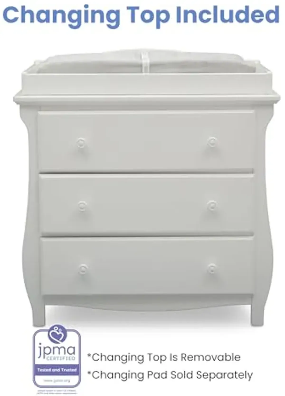 Delta Children Lancaster 3 Drawer Dresser with Changing Top and Interlocking Drawers - Greenguard Gold Certified, Bianca White