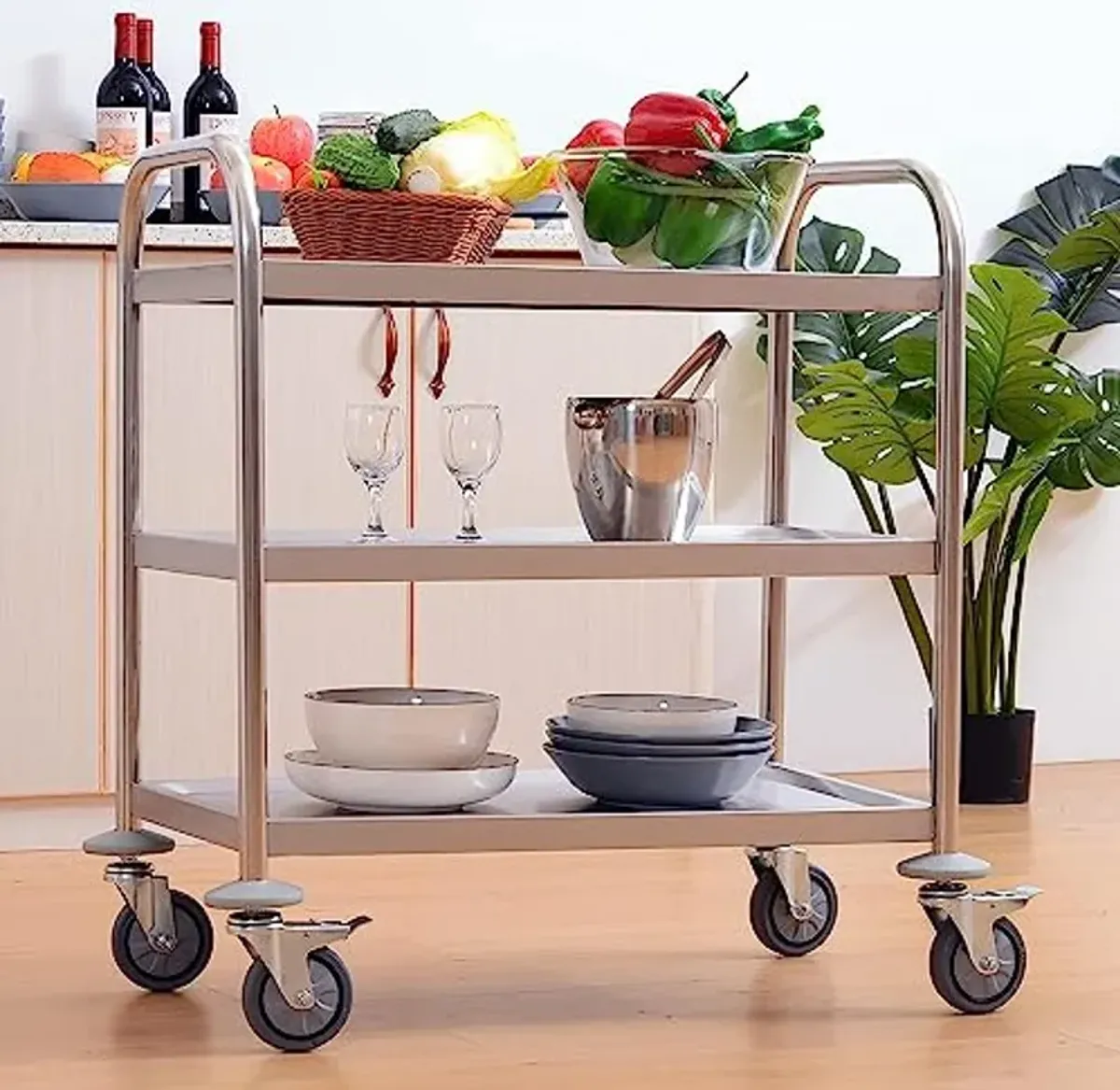 FEITJMMW 3 Tier Kitchen Storage Trolley Cart Stainless Steel Serving Trolley Restaurant Catering Hotel Trolley Clearing Trolley with Locking Wheels