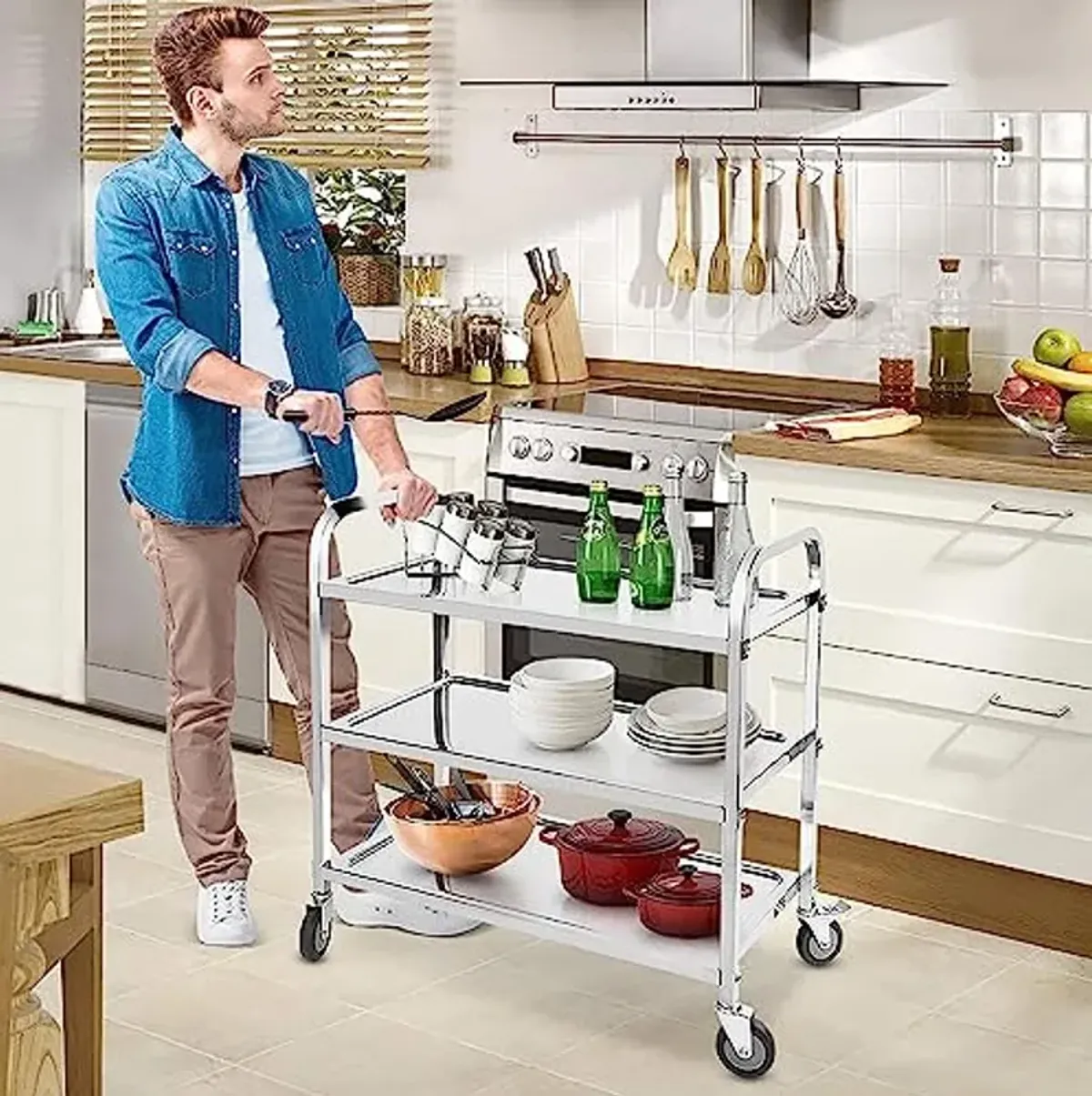 FEITJMMW 3 Tier Kitchen Storage Trolley Cart Stainless Steel Serving Trolley Restaurant Catering Hotel Trolley Clearing Trolley with Locking Wheels