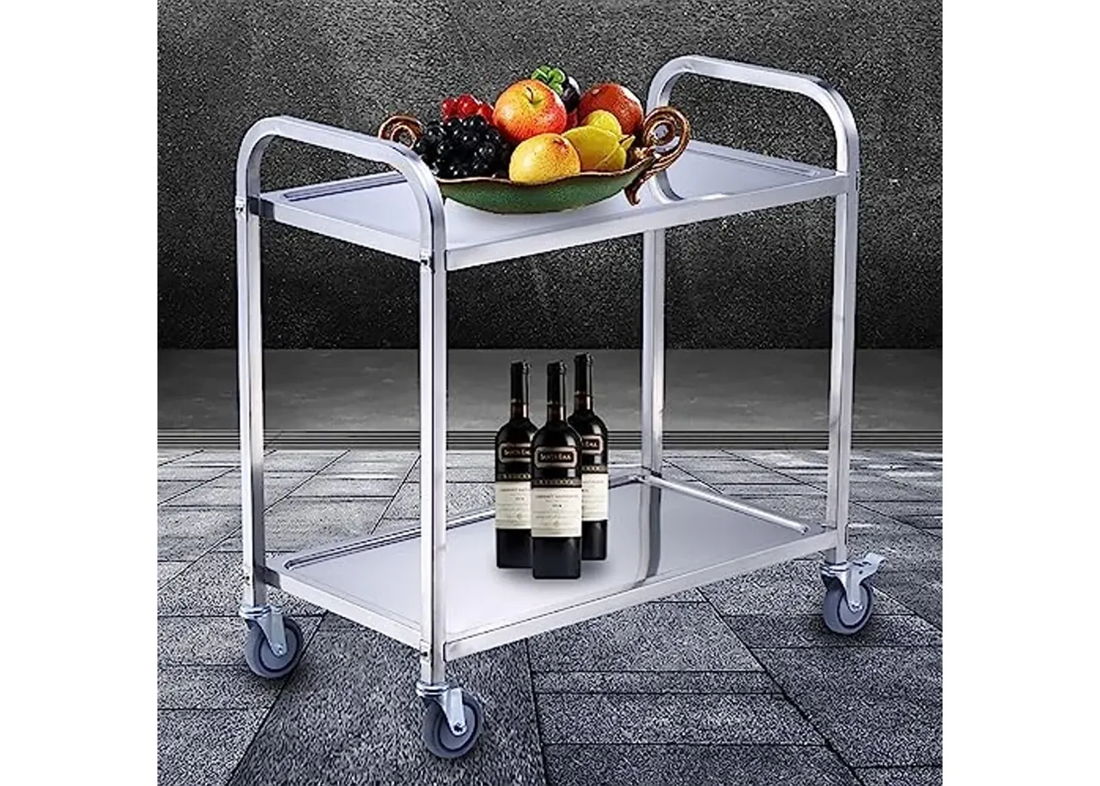 FEITJMMW Catering Serving Kitchen Tea Trolley 160 kg Loading Capacity, Low-Vibration Swivel casters 2 Locking Brakes Stainless Steel 3 Tier Side Rolling Kitchen Service Cart