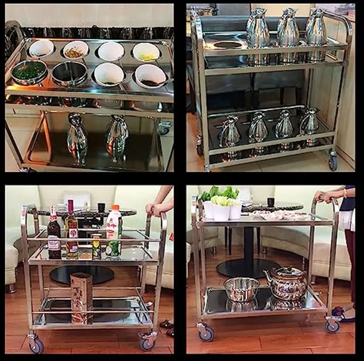 FEITJMMW Catering Serving Kitchen Tea Trolley 160 kg Loading Capacity, Low-Vibration Swivel casters 2 Locking Brakes Stainless Steel 3 Tier Side Rolling Kitchen Service Cart