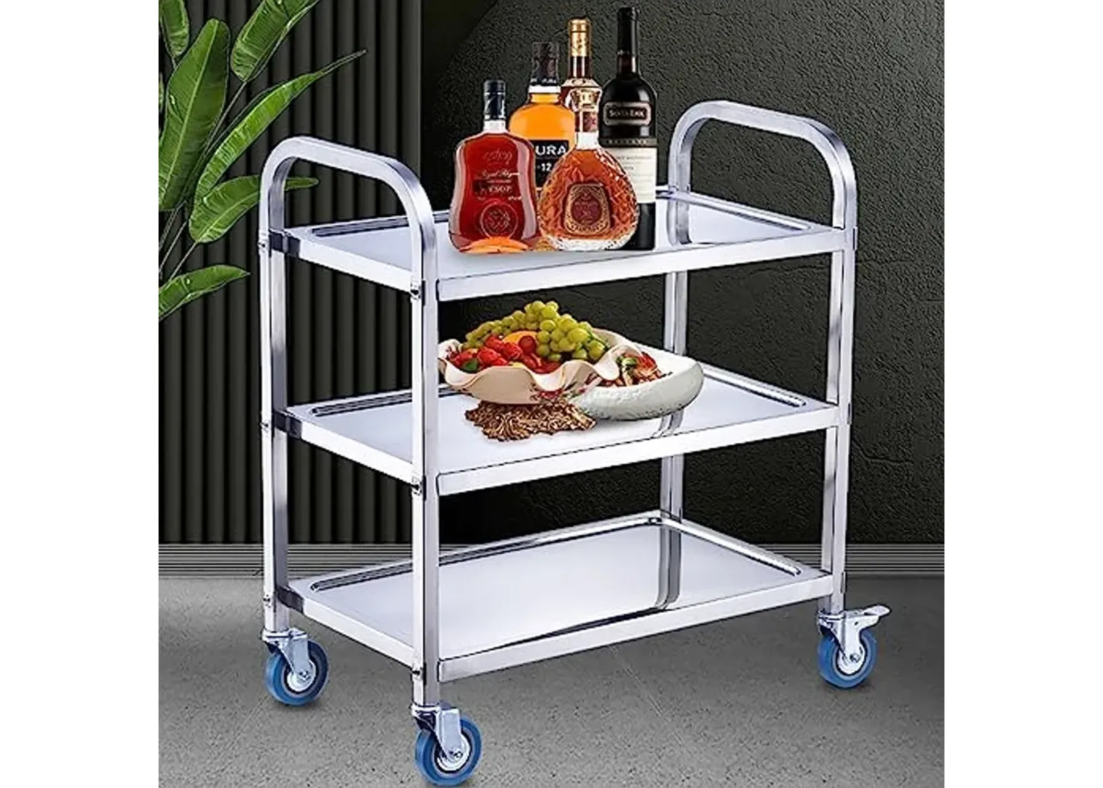 FEITJMMW Catering Serving Kitchen Tea Trolley 160 kg Loading Capacity, Low-Vibration Swivel casters 2 Locking Brakes Stainless Steel 3 Tier Side Rolling Kitchen Service Cart