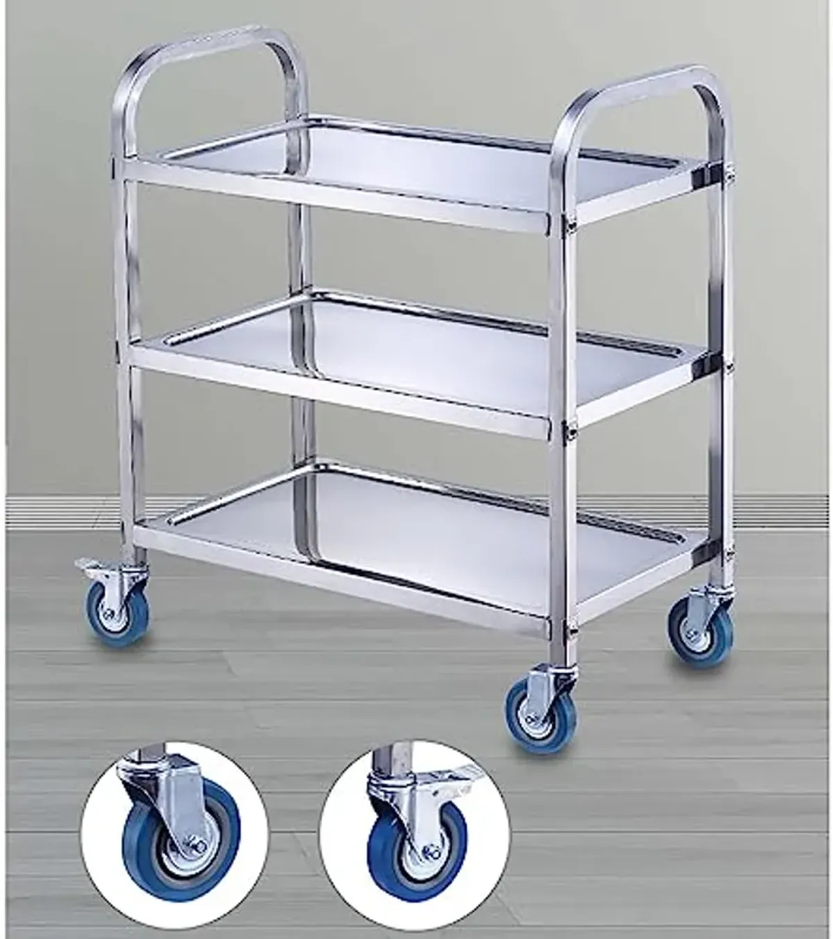 FEITJMMW Catering Serving Kitchen Tea Trolley 160 kg Loading Capacity, Low-Vibration Swivel casters 2 Locking Brakes Stainless Steel 3 Tier Side Rolling Kitchen Service Cart