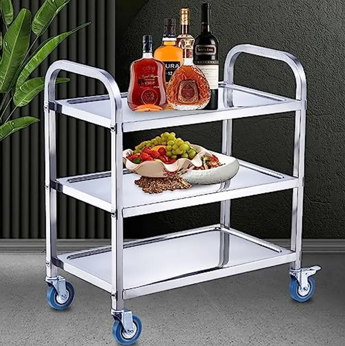 FEITJMMW Catering Serving Kitchen Tea Trolley 160 kg Loading Capacity, Low-Vibration Swivel casters 2 Locking Brakes Stainless Steel 3 Tier Side Rolling Kitchen Service Cart